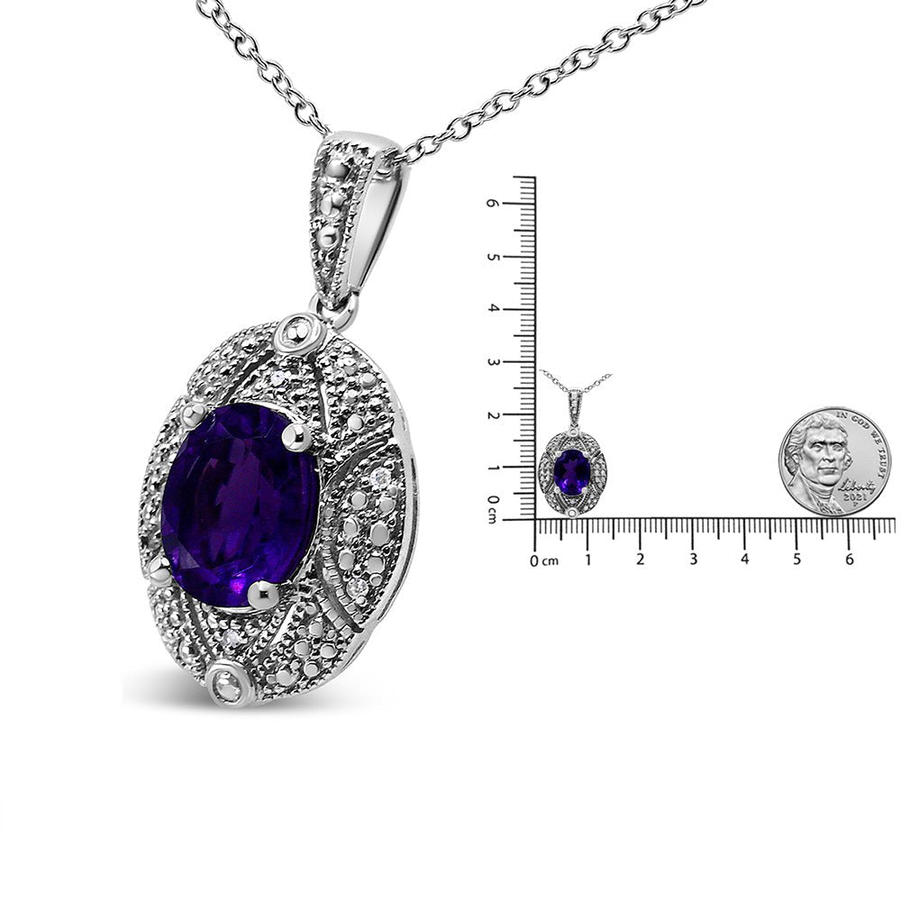 .925 Sterling Silver Diamond Accent and 9x7mm Purple Oval Amethyst Gemstone Pendant 18&quot; Necklace (I-J Color, I1-I2 Clarity) - LinkagejewelrydesignLinkagejewelrydesign