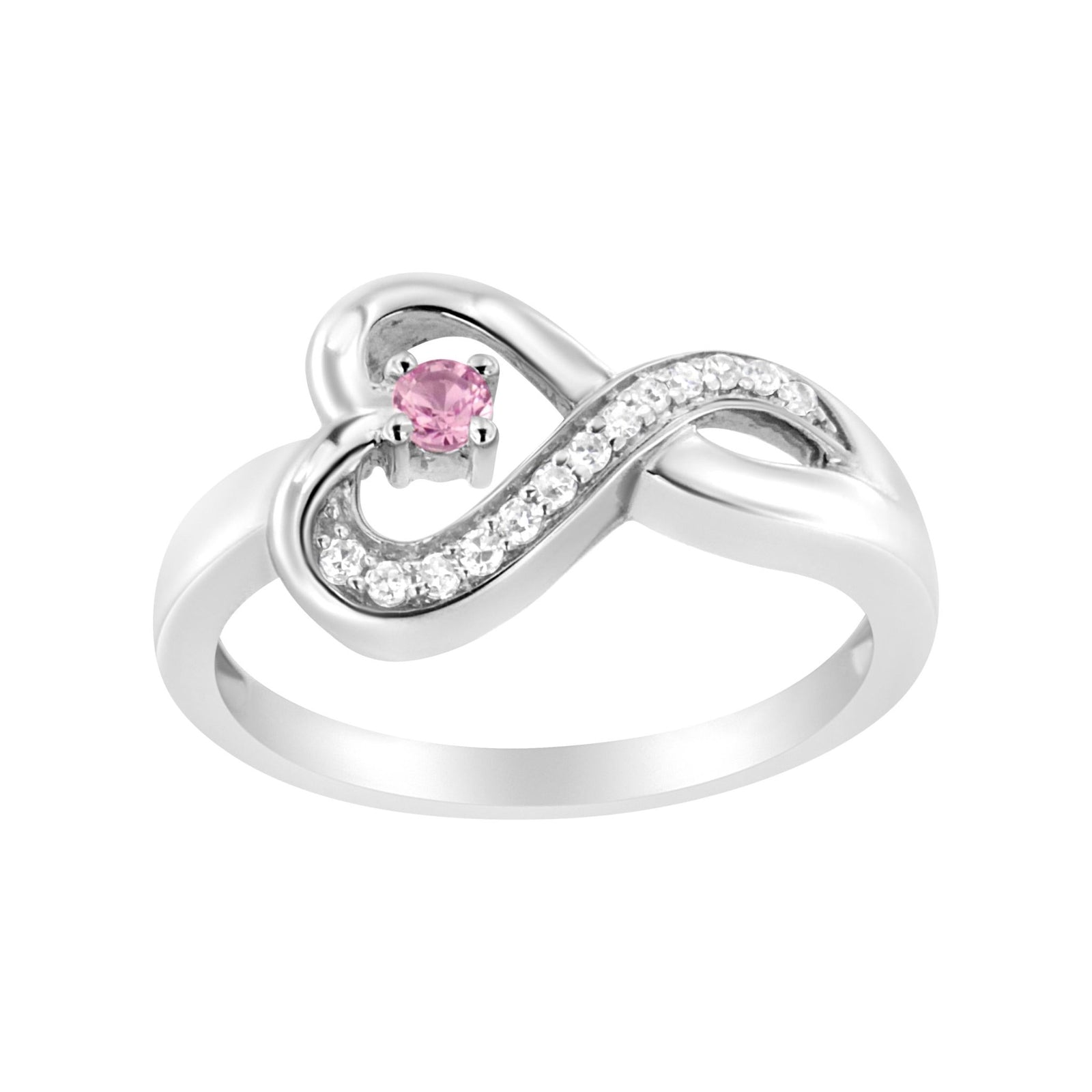 .925 Sterling Silver Diamond Accent and Created Pink Sapphire Halo Heart Promise Ring (H-I Color, SI1-SI2 Clarity) - Size 7 - LinkagejewelrydesignLinkagejewelrydesign
