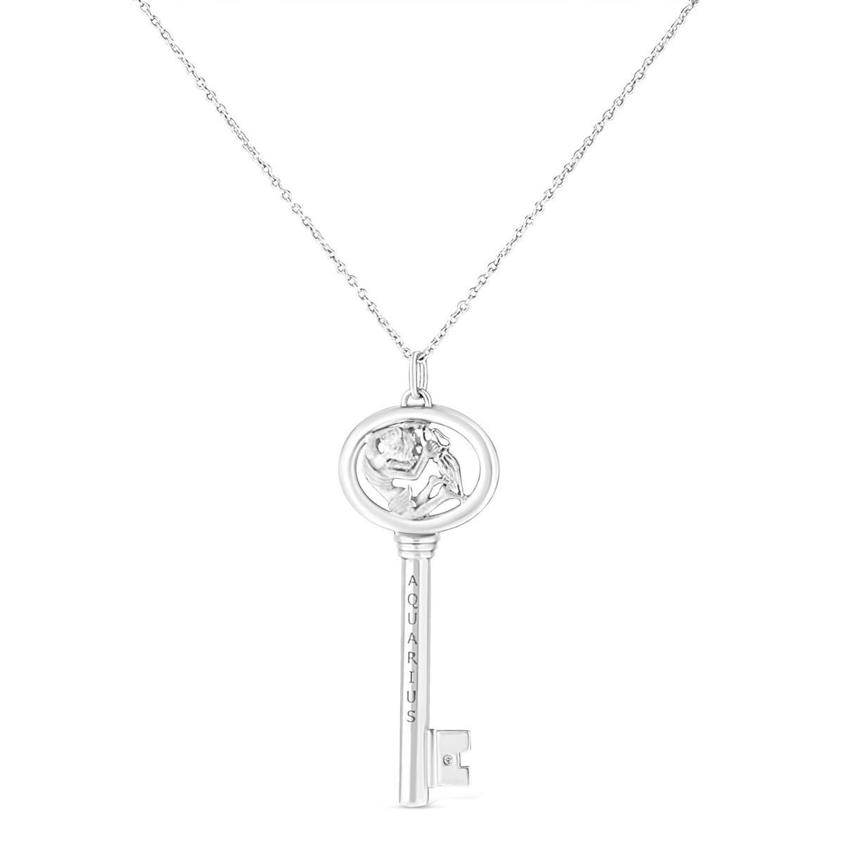 .925 Sterling Silver Diamond Accent Aquarius Zodiac Key 18&quot; Pendant Necklace (K-L Color, I1-I2 Clarity) - LinkagejewelrydesignLinkagejewelrydesign