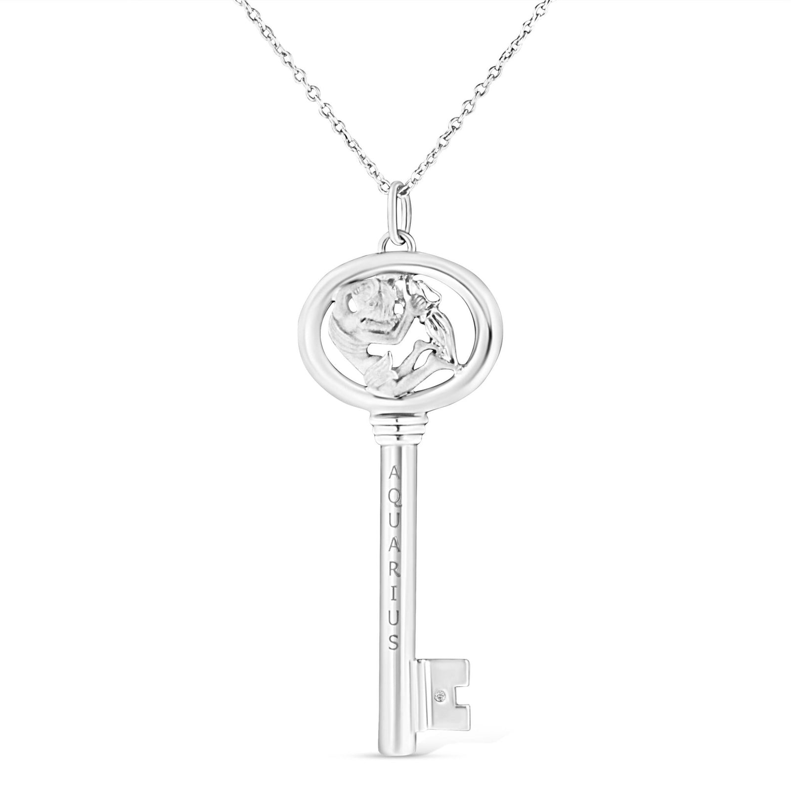 .925 Sterling Silver Diamond Accent Aquarius Zodiac Key 18" Pendant Necklace (K-L Color, I1-I2 Clarity) - LinkagejewelrydesignLinkagejewelrydesign