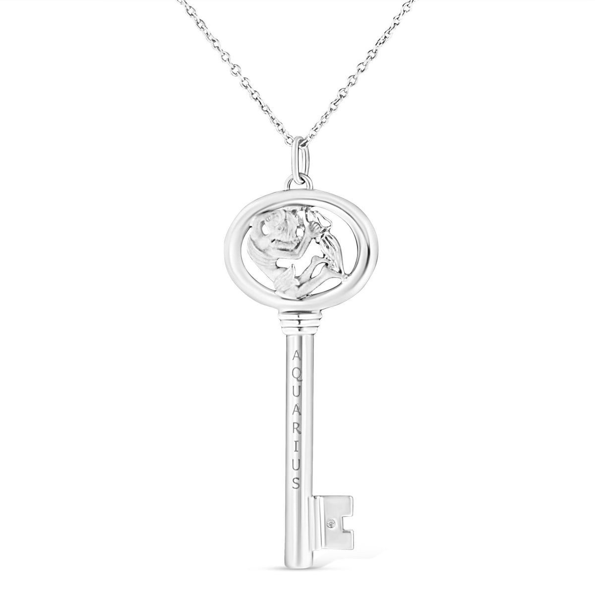 .925 Sterling Silver Diamond Accent Aquarius Zodiac Key 18&quot; Pendant Necklace (K-L Color, I1-I2 Clarity) - LinkagejewelrydesignLinkagejewelrydesign