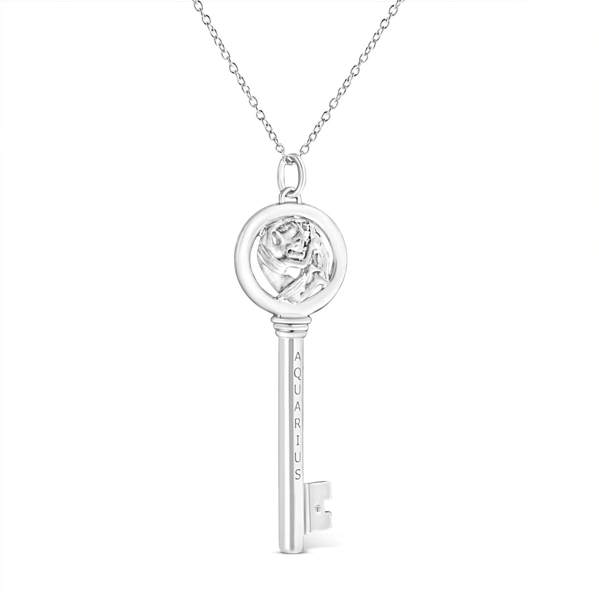 .925 Sterling Silver Diamond Accent Aquarius Zodiac Key 18&quot; Pendant Necklace (K-L Color, I1-I2 Clarity) - LinkagejewelrydesignLinkagejewelrydesign