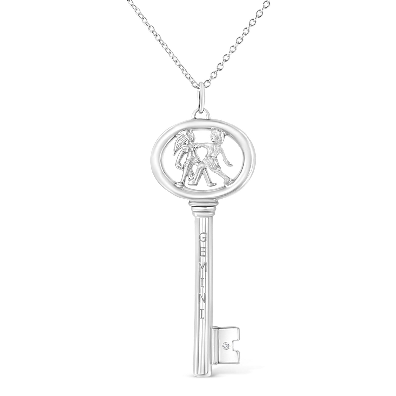 .925 Sterling Silver Diamond Accent Gemini Zodiac Key 18" Pendant Necklace (K-L Color, I1-I2 Clarity) - LinkagejewelrydesignLinkagejewelrydesign