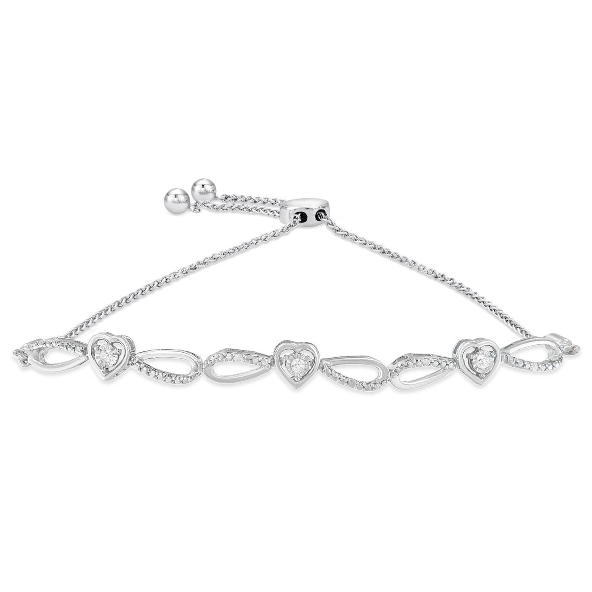 .925 Sterling Silver Diamond Accent Heart and Infinity 4”-10” Adjustable Bolo Bracelet (I-J Color, I3 Clarity) - LinkagejewelrydesignLinkagejewelrydesign