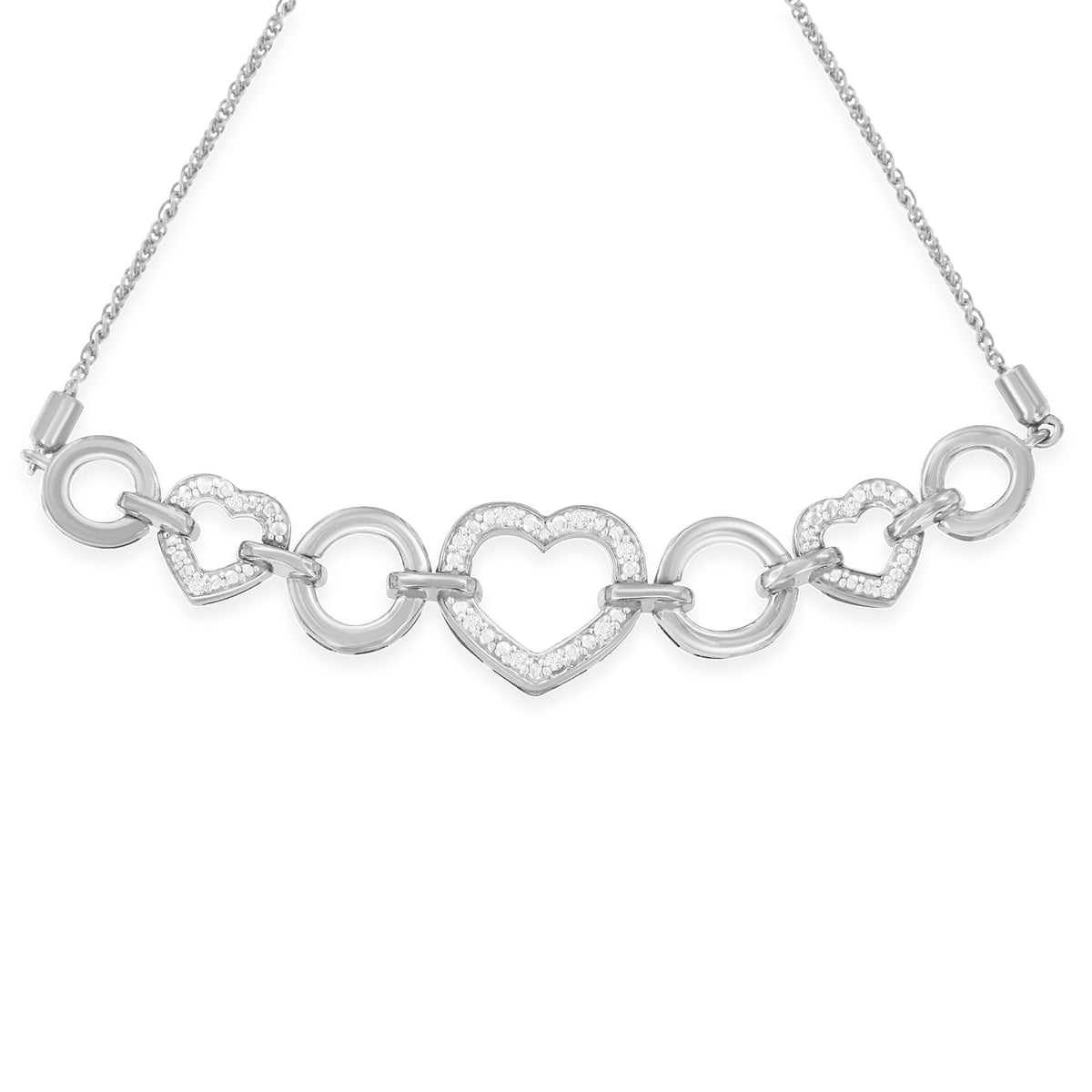.925 Sterling Silver Diamond Accent Interlinking Triple Heart 4”-10” Adjustable Bolo Tennis Bracelet (H-I Color, I2-I3 Clarity) - LinkagejewelrydesignLinkagejewelrydesign