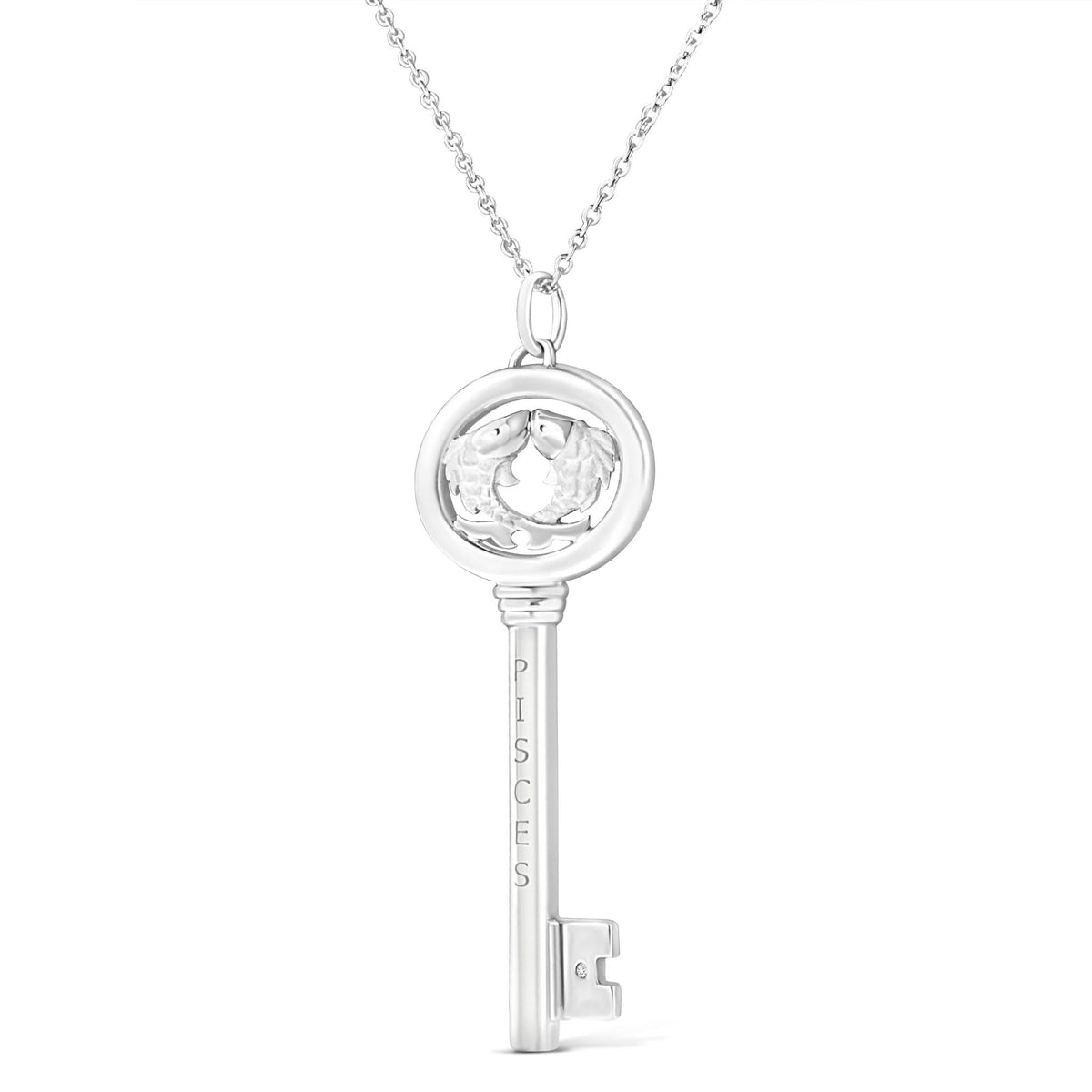 .925 Sterling Silver Diamond Accent Pisces Zodiac Key 18&quot; Pendant Necklace (K-L Color, I1-I2 Clarity) - LinkagejewelrydesignLinkagejewelrydesign