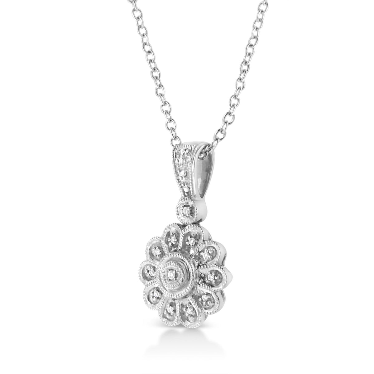 .925 Sterling Silver Diamond Accent Sunburst Milgrain 18&quot; Pendant Necklace (I-J Color, I1-I2 Clarity) - LinkagejewelrydesignLinkagejewelrydesign