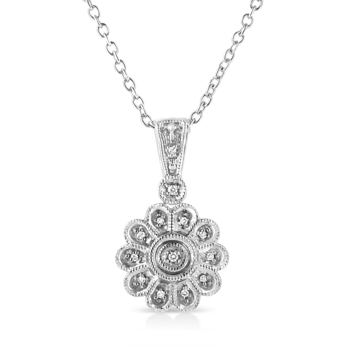 .925 Sterling Silver Diamond Accent Sunburst Milgrain 18&quot; Pendant Necklace (I-J Color, I1-I2 Clarity) - LinkagejewelrydesignLinkagejewelrydesign
