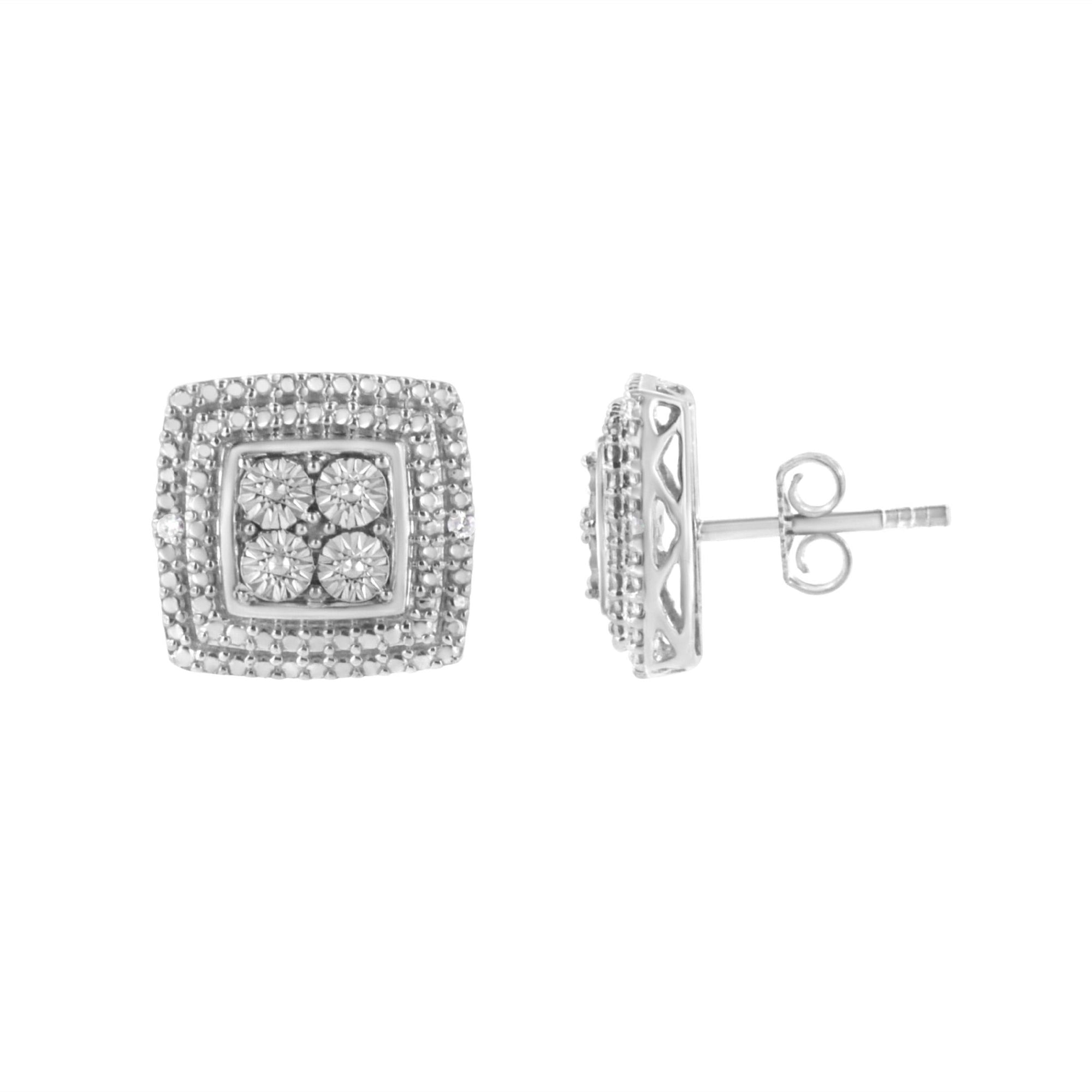 .925 Sterling Silver Diamond Accented Square Shaped Milgrain Stud Earrings (I-J Clarity, I3 Color) - LinkagejewelrydesignLinkagejewelrydesign