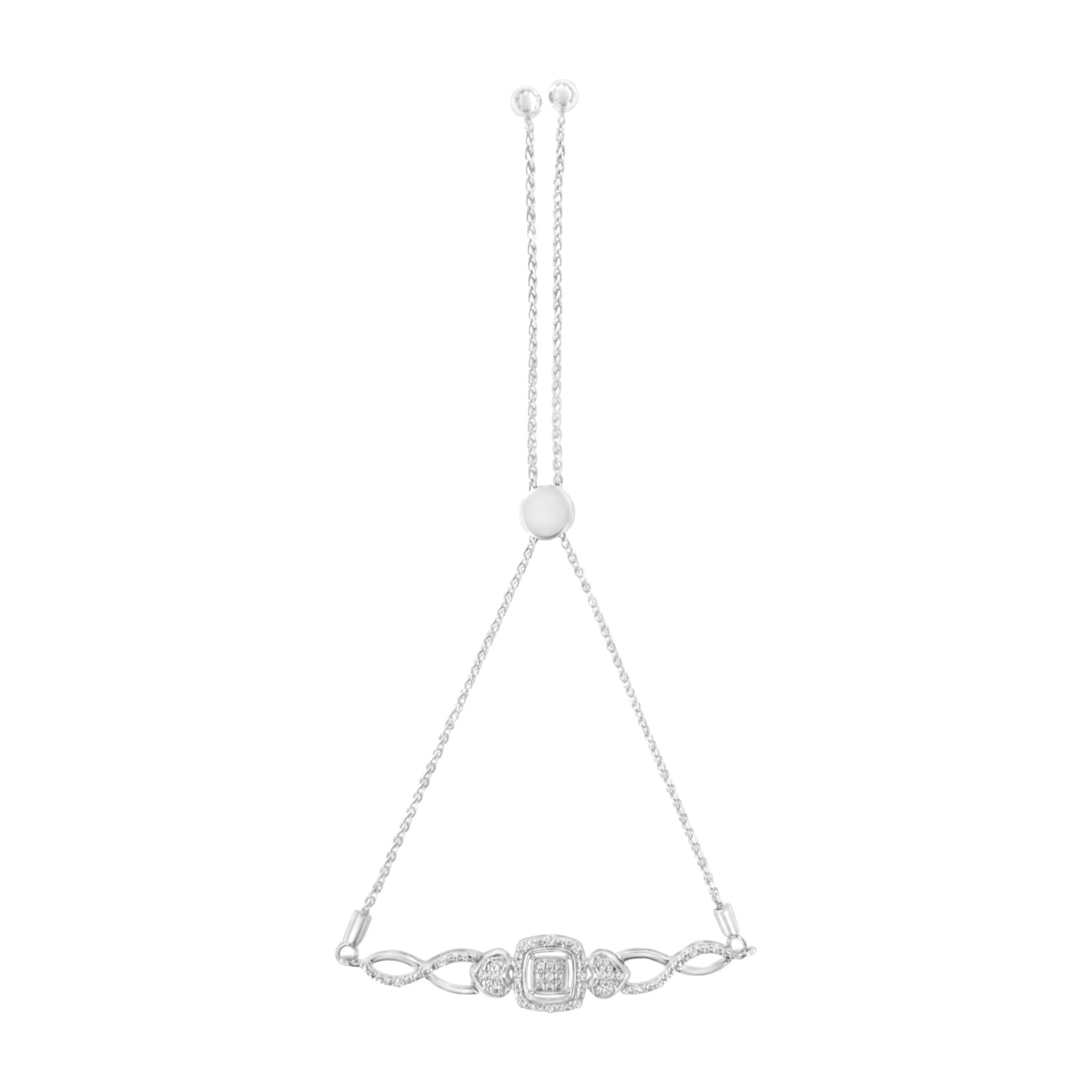 .925 Sterling Silver Diamond Cushion Frame Heart-Sides Twist 4”-10” Adjustable Bolo Tennis Bolo Bracelet (I-J Color, I3 Clarity) - LinkagejewelrydesignLinkagejewelrydesign