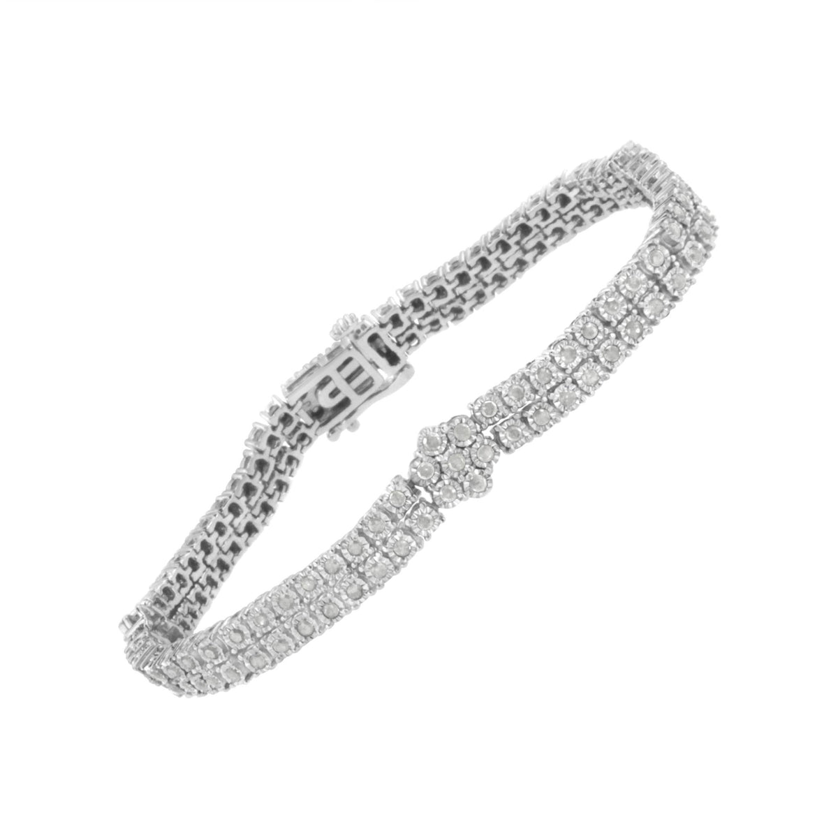 .925 Sterling Silver Diamond Double Row and Floral Cluster Tennis Bracelet (2 cttw, I-J Color, I3 Clarity) - Size 7.25&quot; - LinkagejewelrydesignLinkagejewelrydesign