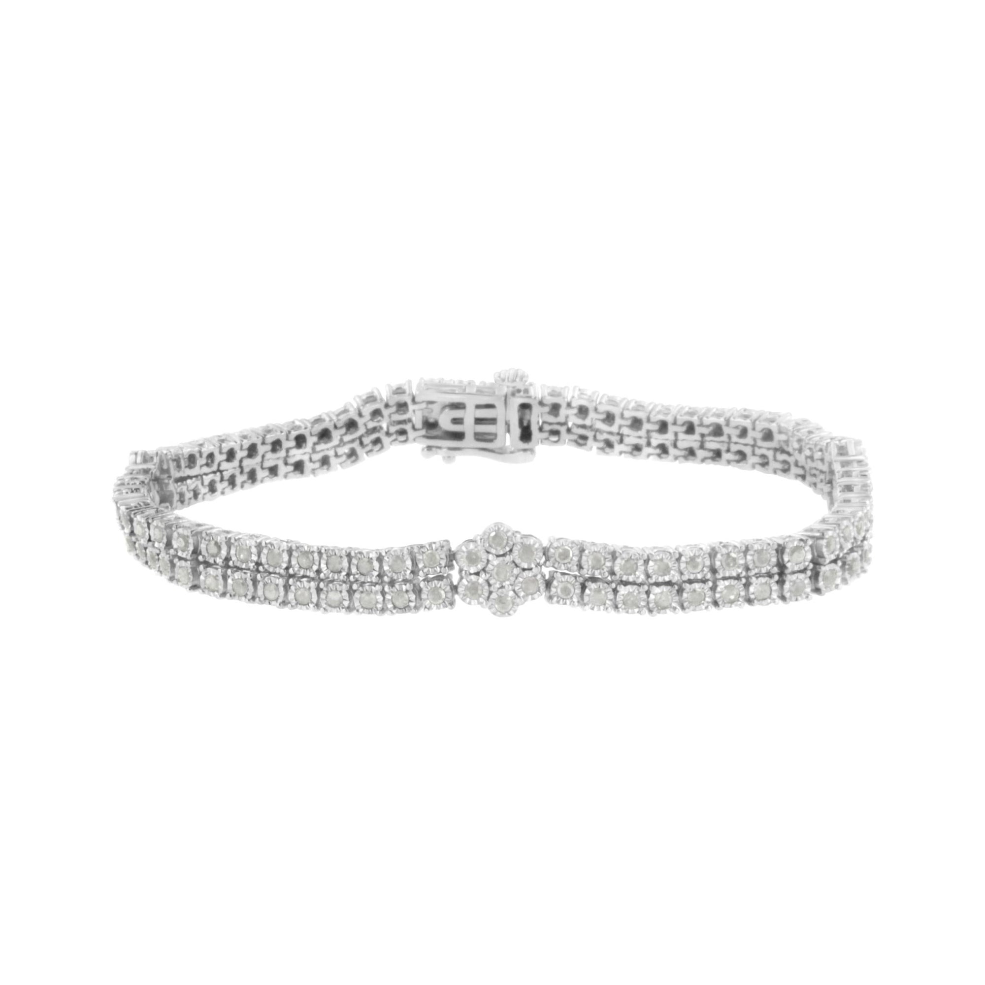 .925 Sterling Silver Diamond Double Row and Floral Cluster Tennis Bracelet (2 cttw, I-J Color, I3 Clarity) - Size 7.25" - LinkagejewelrydesignLinkagejewelrydesign