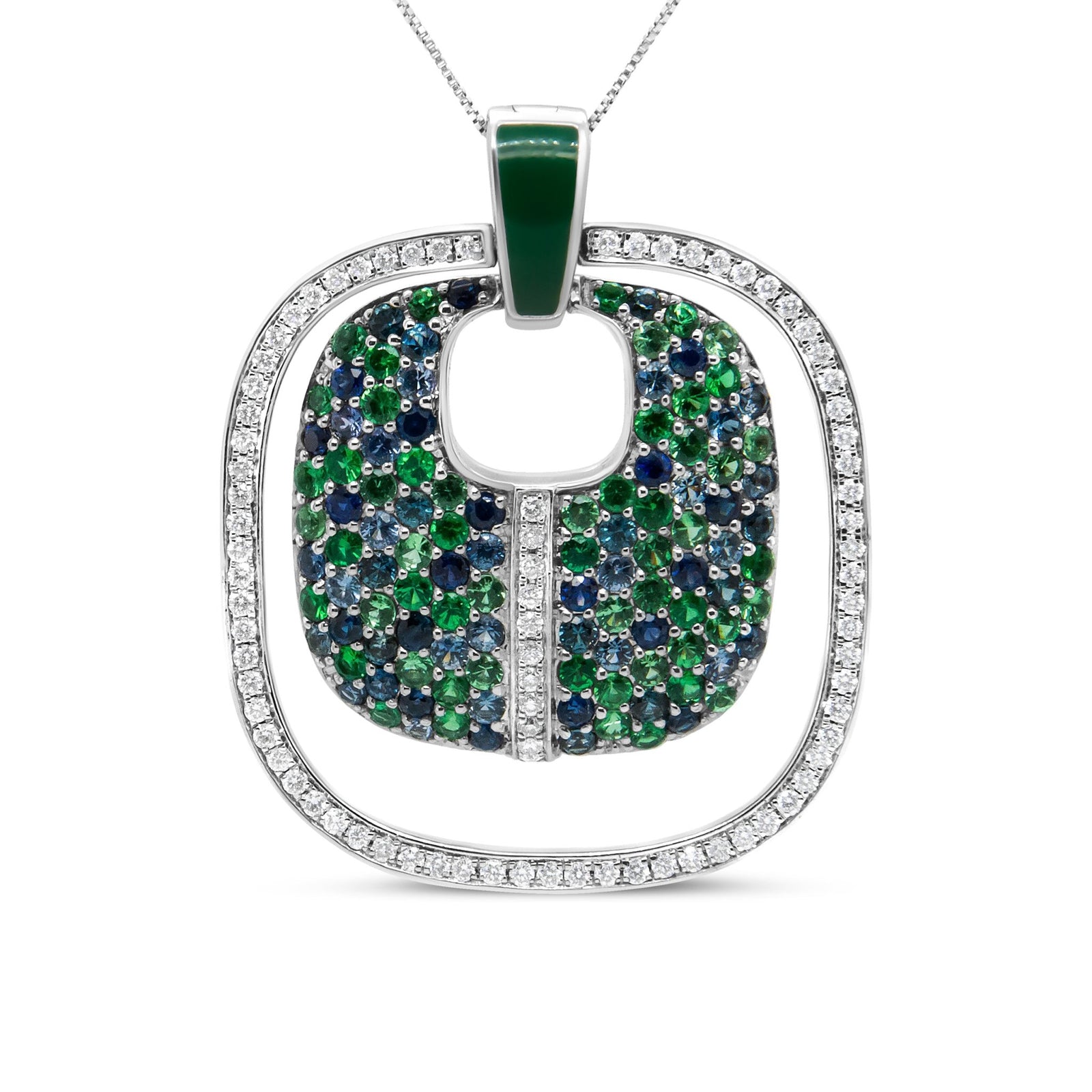 .925 Sterling Silver Green Enamel Pendant with 1/2 Cttw Diamond, Sapphire, and Tsavorite Openwork Statement 18" Pendant Necklace (F-G Color, VS1-VS2 Clarity) - LinkagejewelrydesignLinkagejewelrydesign