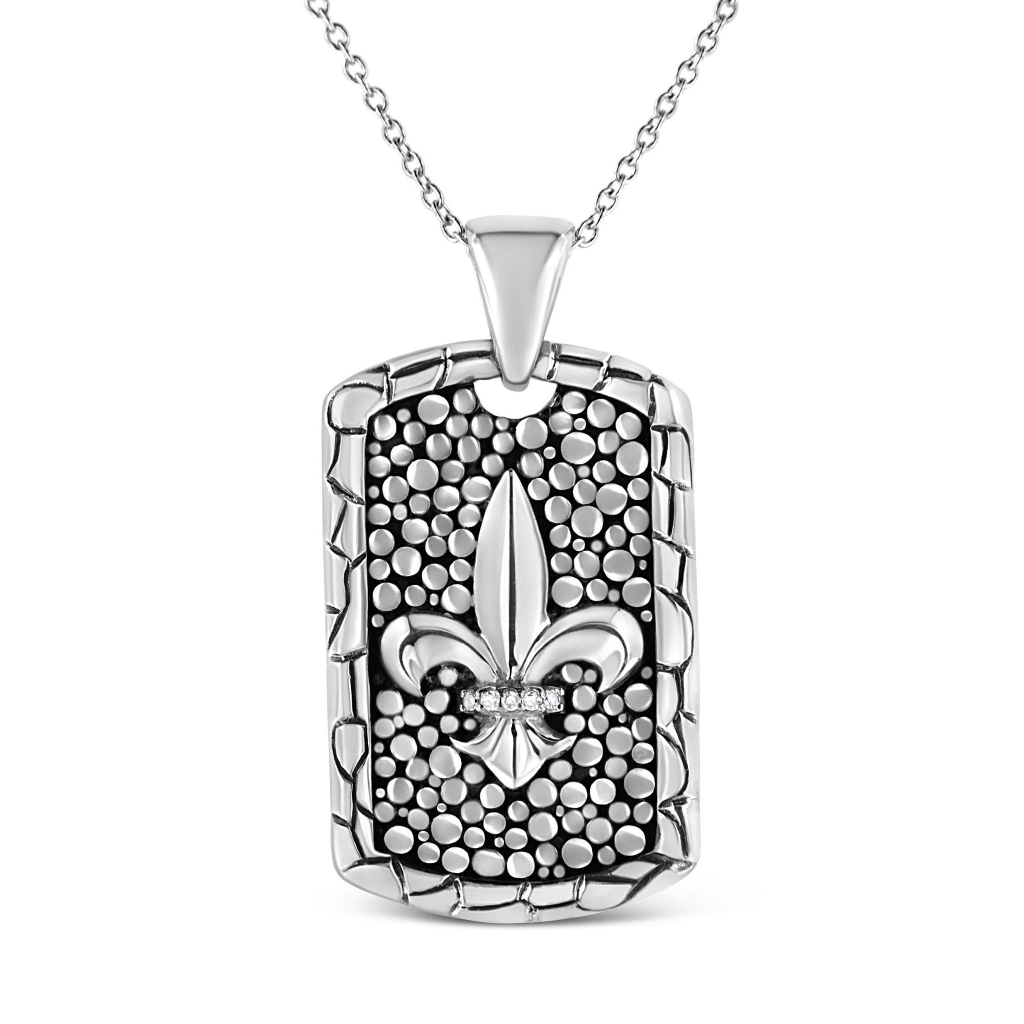 .925 Sterling Silver Invisible-Set Diamond Accent "Fleur Di Lis" 18" Pendant Necklace Dog Tag (I-J Color, I1-I2 Clarity) - LinkagejewelrydesignLinkagejewelrydesign