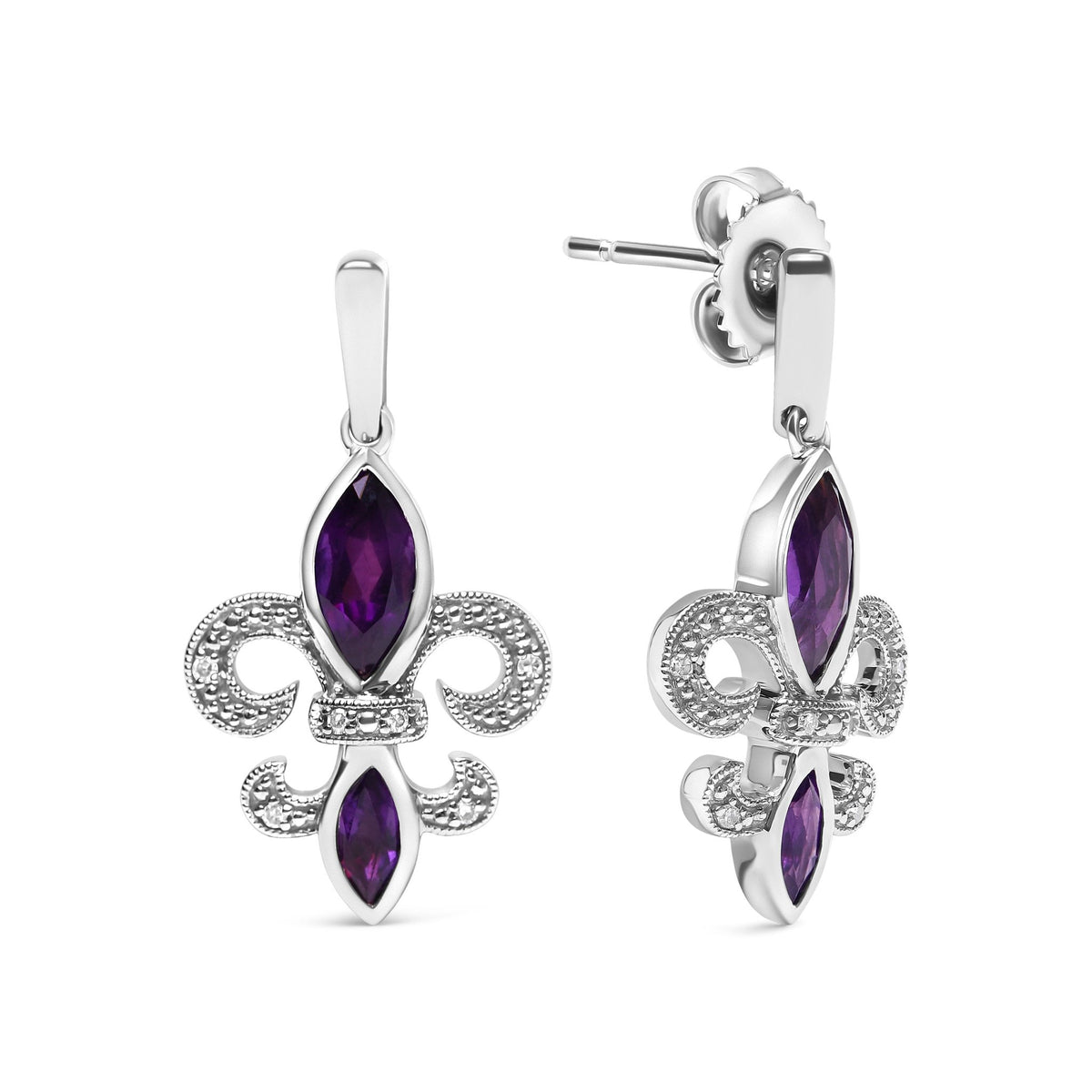 .925 Sterling Silver Marquise Cut Amethyst and Diamond Accent Fleur De Lis Dangle Stud Earrings (H-I Color, SI1-SI2 Clarity) - LinkagejewelrydesignLinkagejewelrydesign