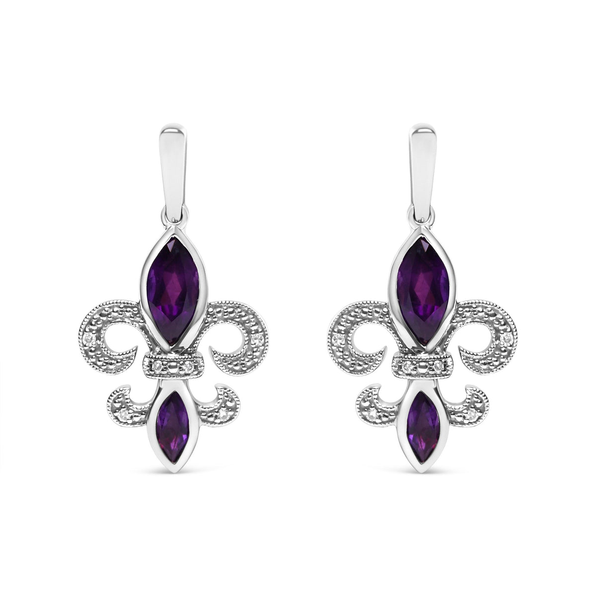 .925 Sterling Silver Marquise Cut Amethyst and Diamond Accent Fleur De Lis Dangle Stud Earrings (H-I Color, SI1-SI2 Clarity) - LinkagejewelrydesignLinkagejewelrydesign