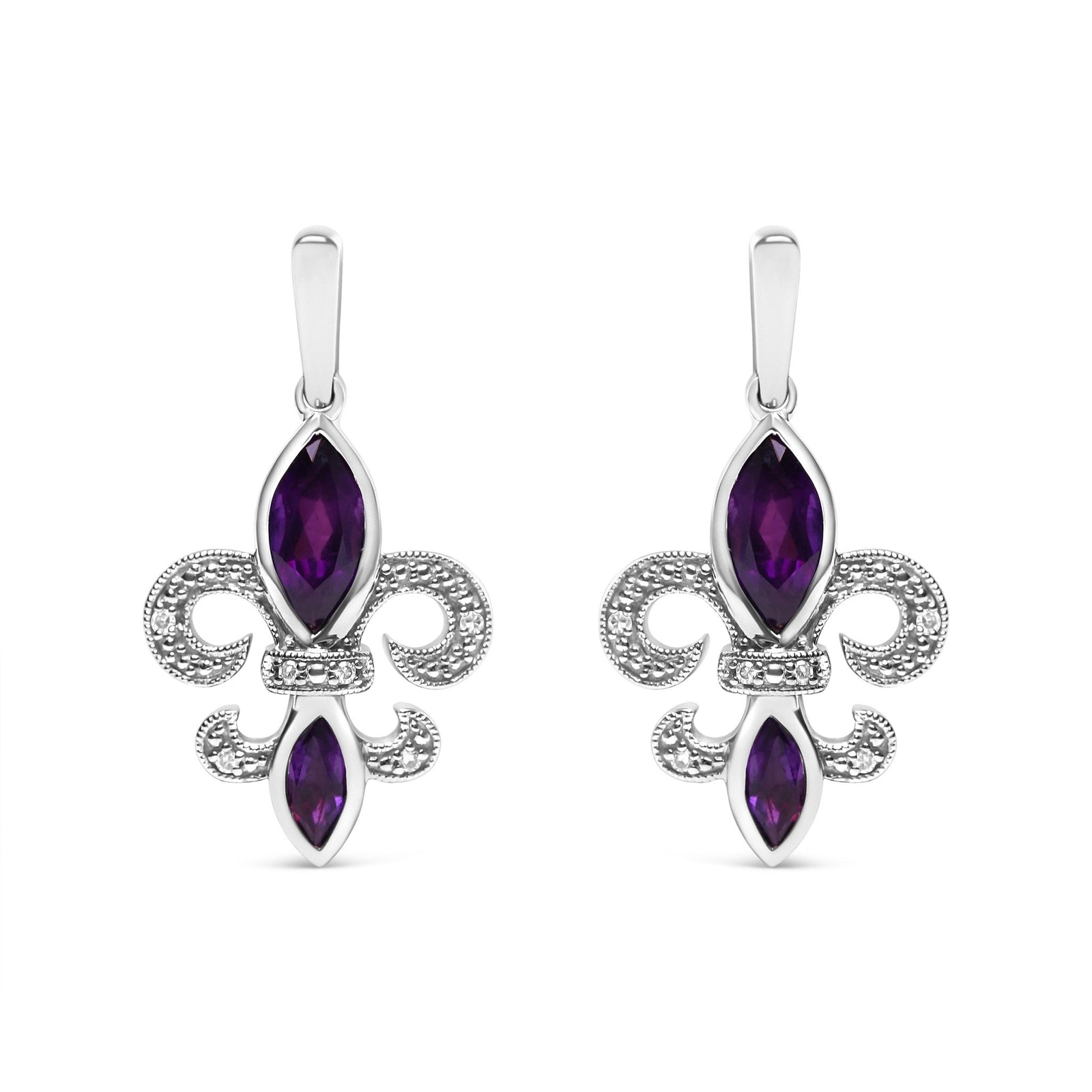 .925 Sterling Silver Marquise Cut Amethyst and Diamond Accent Fleur De Lis Dangle Stud Earrings (H-I Color, SI1-SI2 Clarity) - LinkagejewelrydesignLinkagejewelrydesign