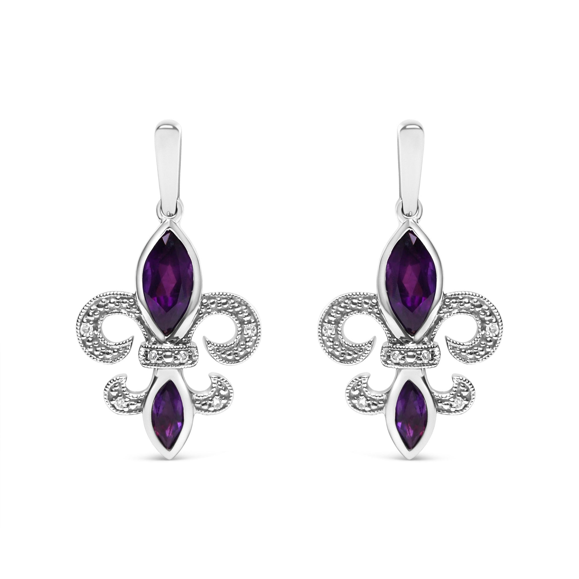 .925 Sterling Silver Marquise Cut Amethyst and Diamond Accent Fleur De Lis Dangle Stud Earrings (H-I Color, SI1-SI2 Clarity) - LinkagejewelrydesignLinkagejewelrydesign