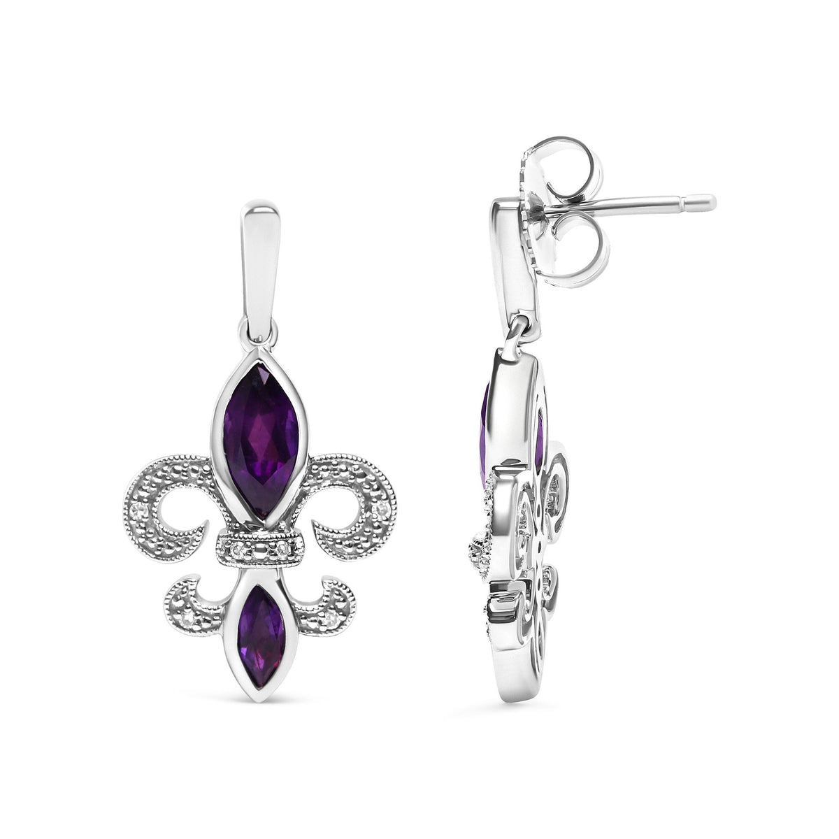 .925 Sterling Silver Marquise Cut Amethyst and Diamond Accent Fleur De Lis Dangle Stud Earrings (H-I Color, SI1-SI2 Clarity) - LinkagejewelrydesignLinkagejewelrydesign