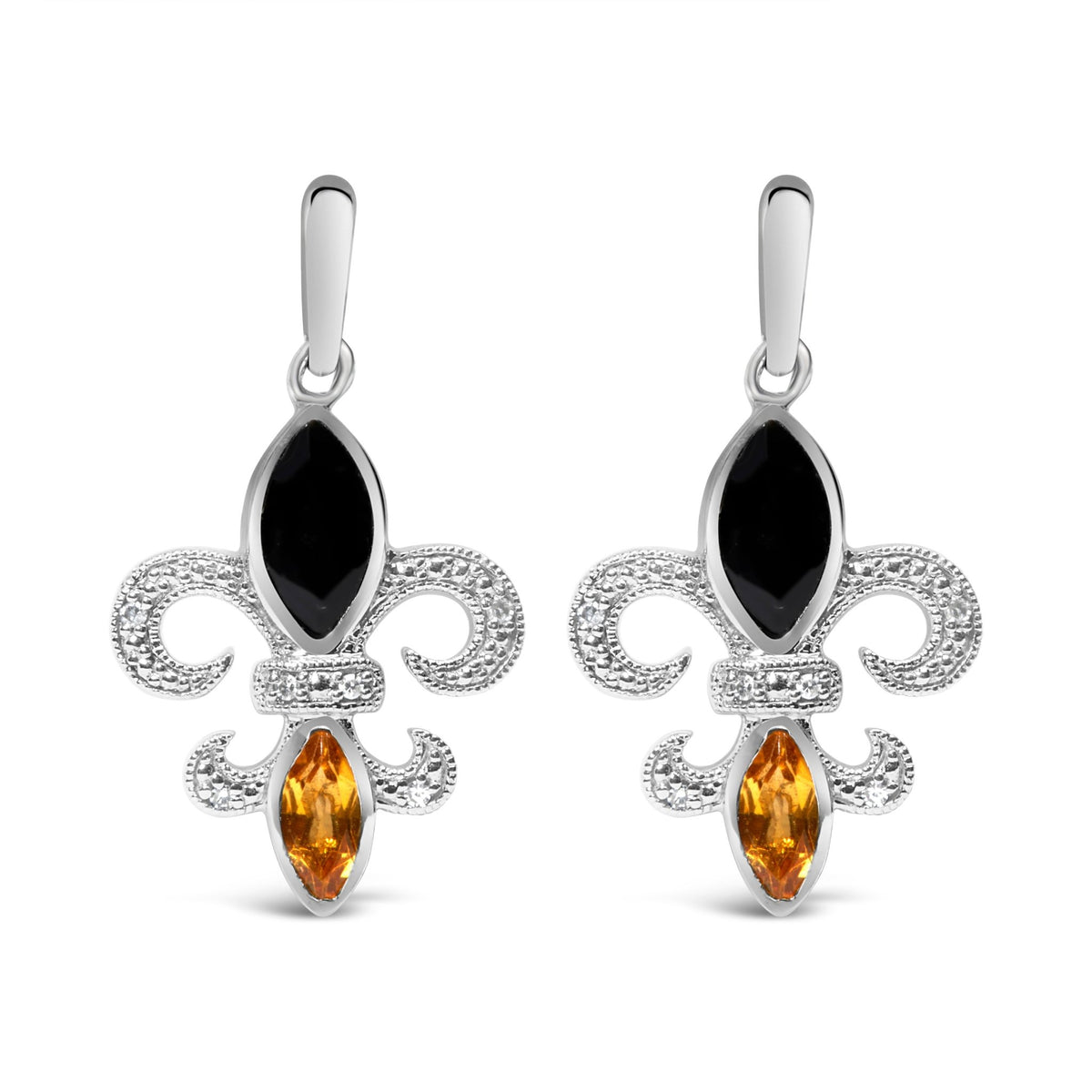 .925 Sterling Silver Marquise Cut Onyx and Citrine with Diamond Accent Fleur De Lis Drop Stud Earrings (H-I Color, SI1-SI2 Clarity) - LinkagejewelrydesignLinkagejewelrydesign