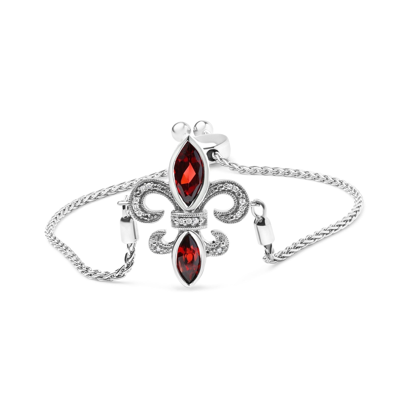 .925 Sterling Silver Marquise Garnet and Diamond Accent Lariat 4”-10” Fleur De Lis Adjustable Bolo Bracelet (H-I Color, SI1-SI2 Clarity) - LinkagejewelrydesignLinkagejewelrydesign