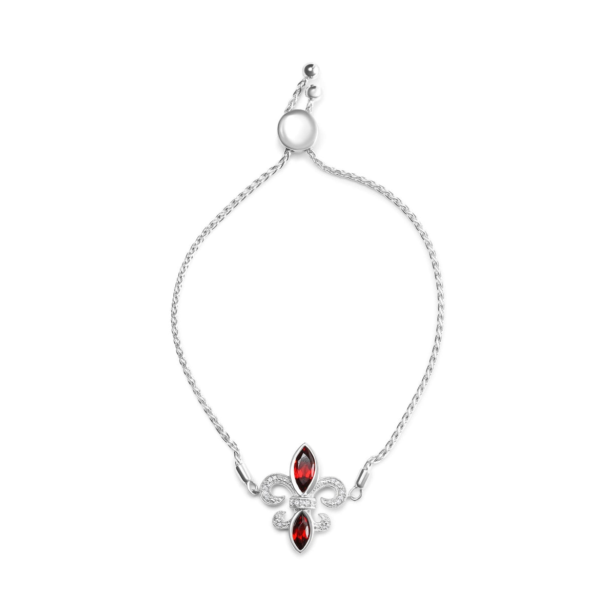 .925 Sterling Silver Marquise Garnet and Diamond Accent Lariat 4”-10” Fleur De Lis Adjustable Bolo Bracelet (H-I Color, SI1-SI2 Clarity) - LinkagejewelrydesignLinkagejewelrydesign