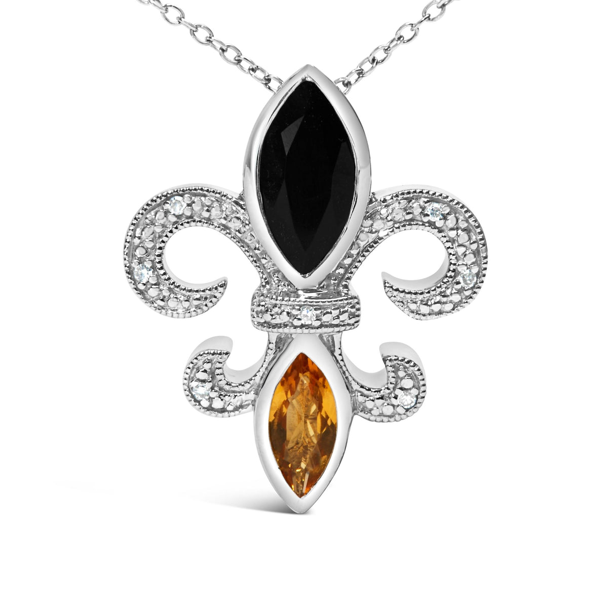 .925 Sterling Silver Marquise Onyx and Citrine and Diamond Accent Fleur De Lis Pendant Necklace (H-I Color, SI1-SI2 Clarity) - 18&quot; - LinkagejewelrydesignLinkagejewelrydesign