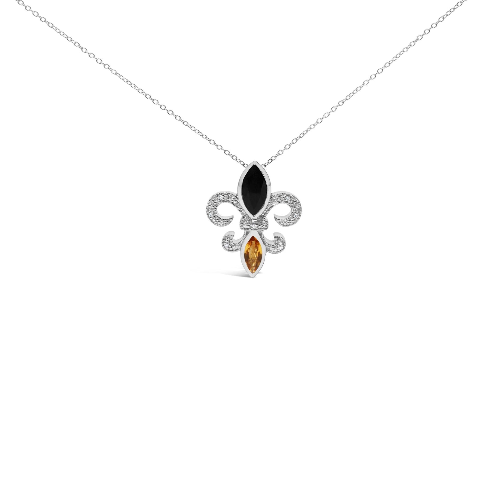 .925 Sterling Silver Marquise Onyx and Citrine and Diamond Accent Fleur De Lis Pendant Necklace (H-I Color, SI1-SI2 Clarity) - 18" - LinkagejewelrydesignLinkagejewelrydesign