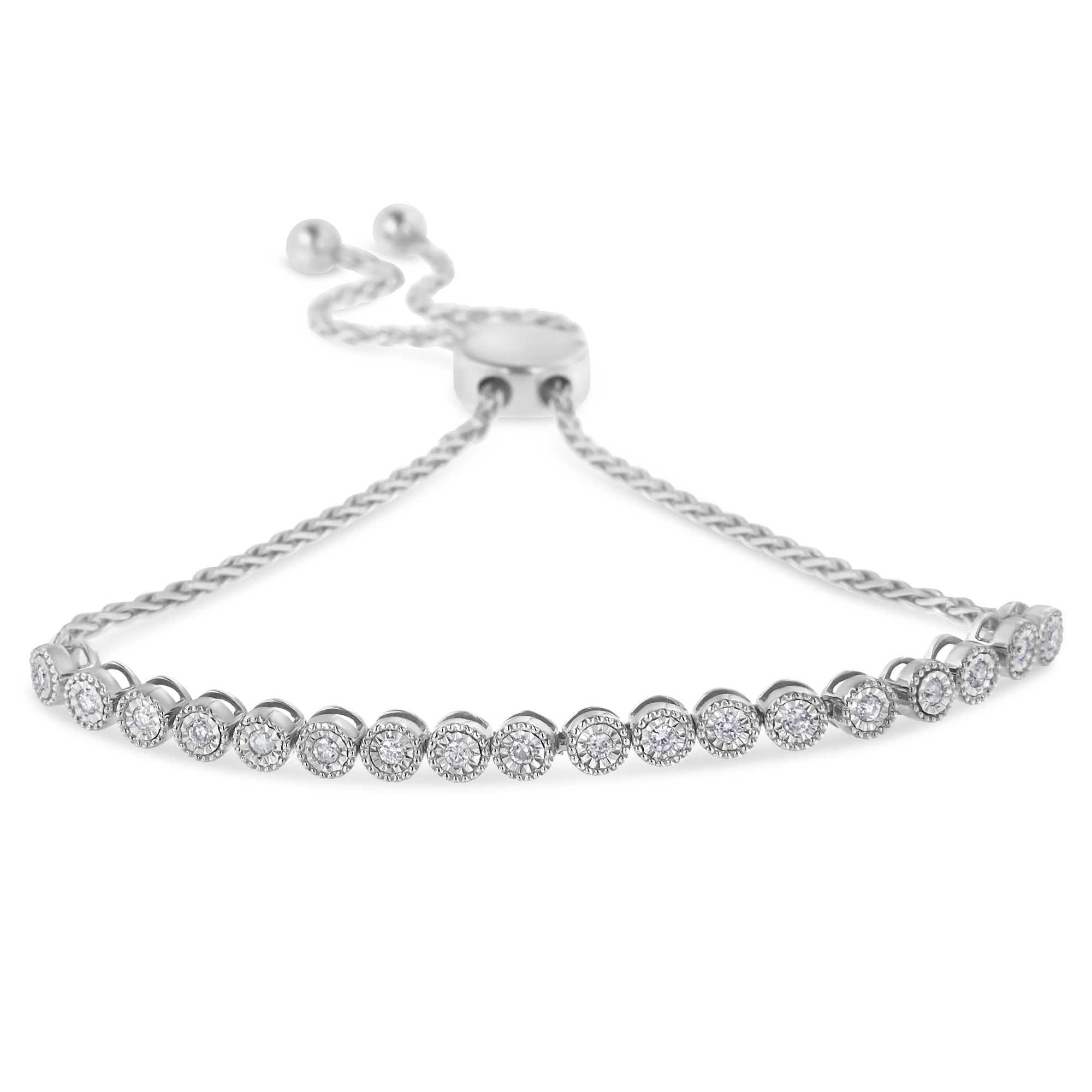 .925 Sterling Silver Miracle-Set Diamond Accented 6”-9” Adjustable Beaded Tennis Bolo Bracelet (H-I Color, I2-I3 Clarity) - LinkagejewelrydesignLinkagejewelrydesign