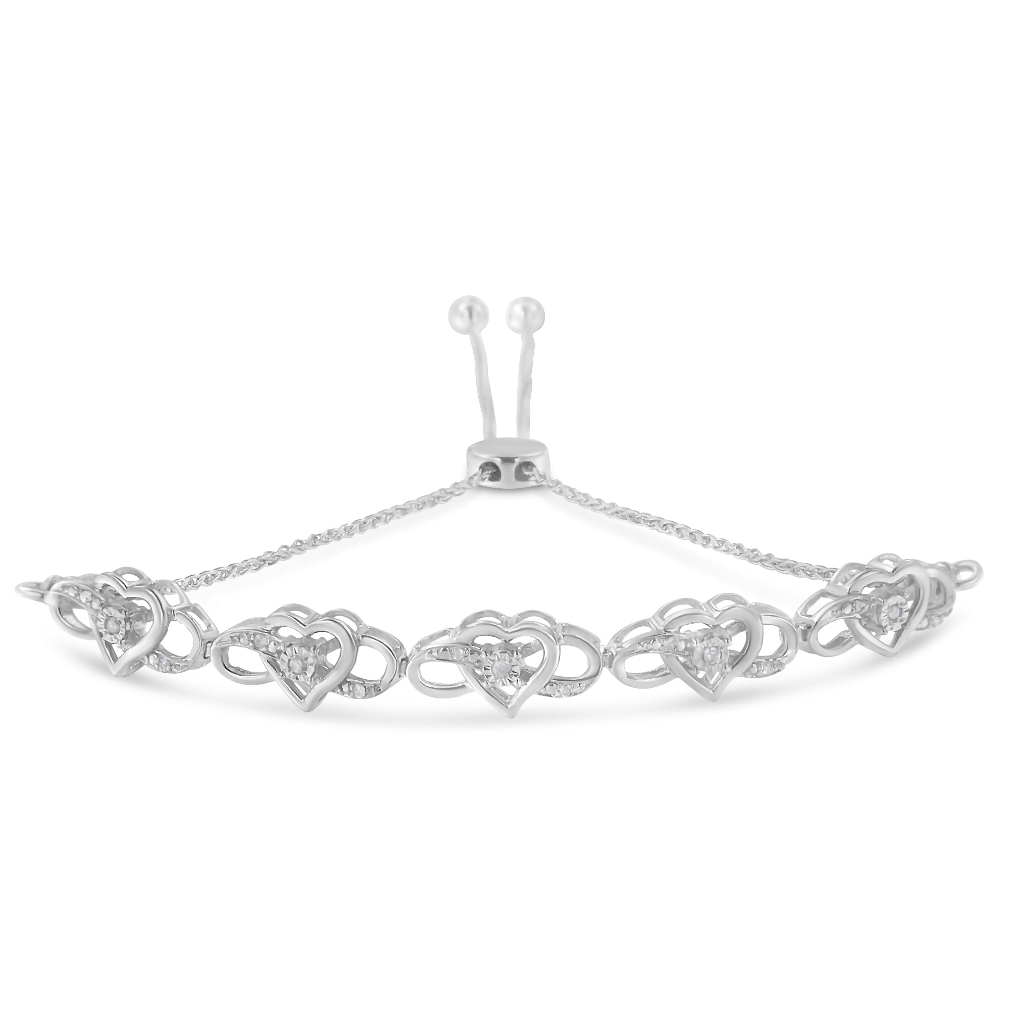 .925 Sterling Silver Miracle Set Diamond Accented Infinity Hearts 6”-9” Adjustable Bolo Bracelet (H-I Color, I2-I3 Clarity) - LinkagejewelrydesignLinkagejewelrydesign