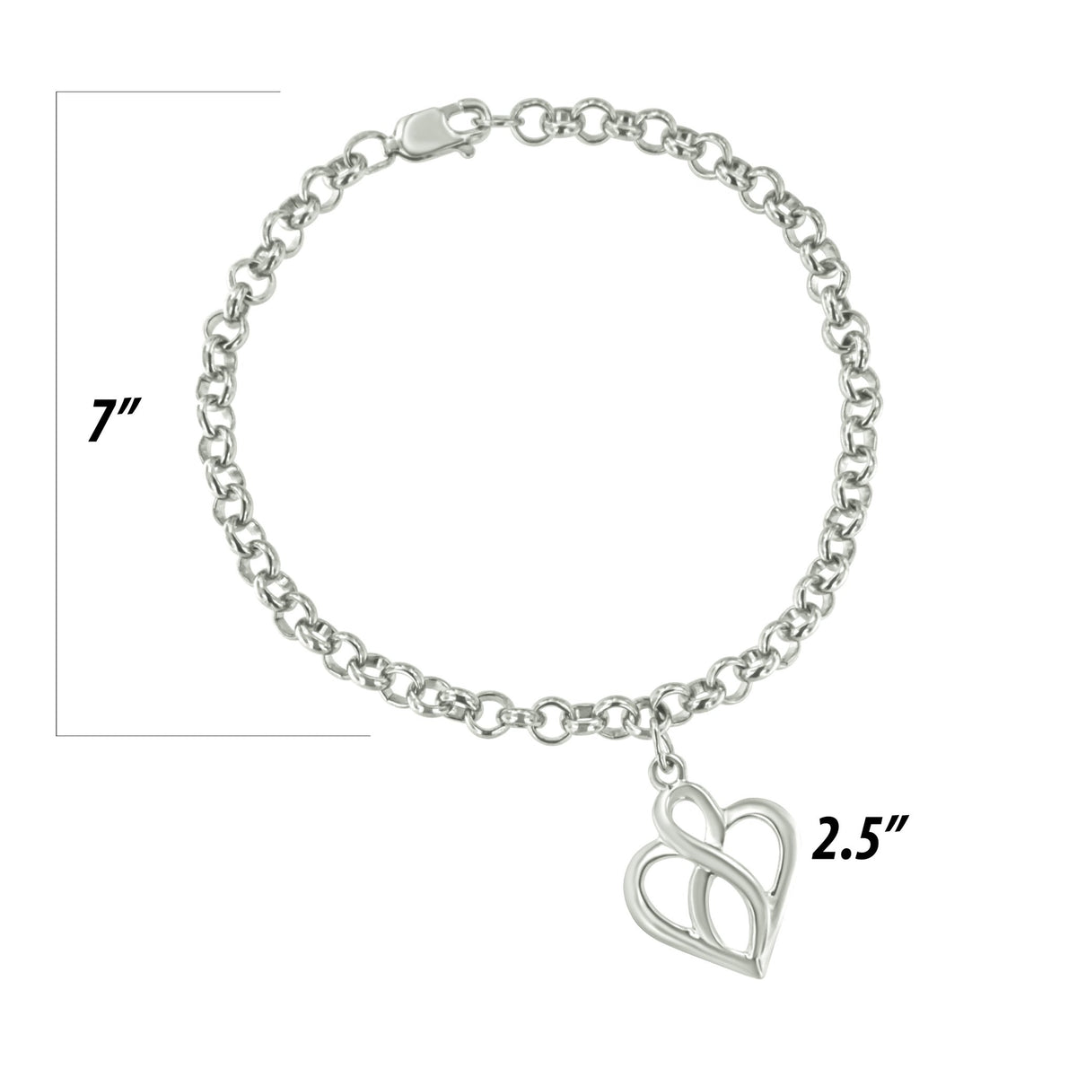 .925 Sterling Silver Open Heart with Center Vertical Infinity Chain Charm Bracelet - Size 7&quot; - LinkagejewelrydesignLinkagejewelrydesign