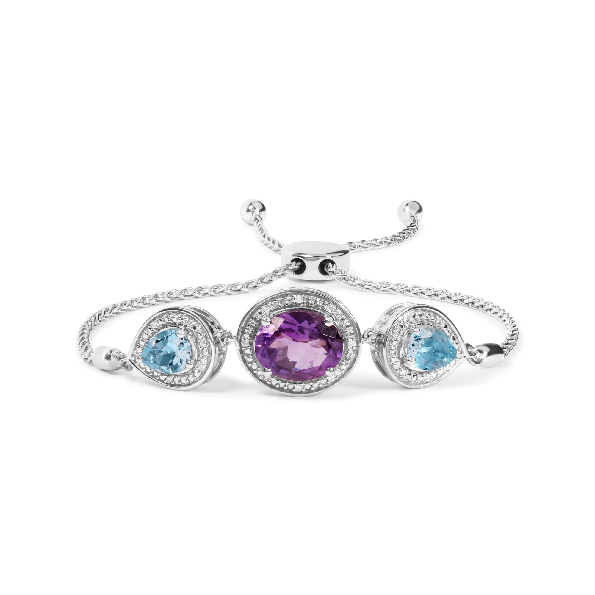 .925 Sterling Silver Oval Amethyst and Pear Blue Topaz with Diamond Accent Lariat 4”-10” Adjustable Bolo Bracelet (H-I Color, SI1-SI2 Clarity) - LinkagejewelrydesignLinkagejewelrydesign
