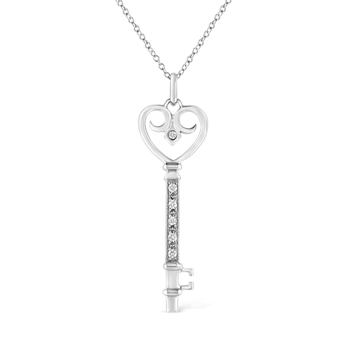 .925 Sterling Silver Pave and Bezel-Set Diamond Accent Key 18&quot; Heart and Lock Pendant Necklace (K-L Color, I1-I2 Clarity) - LinkagejewelrydesignLinkagejewelrydesign