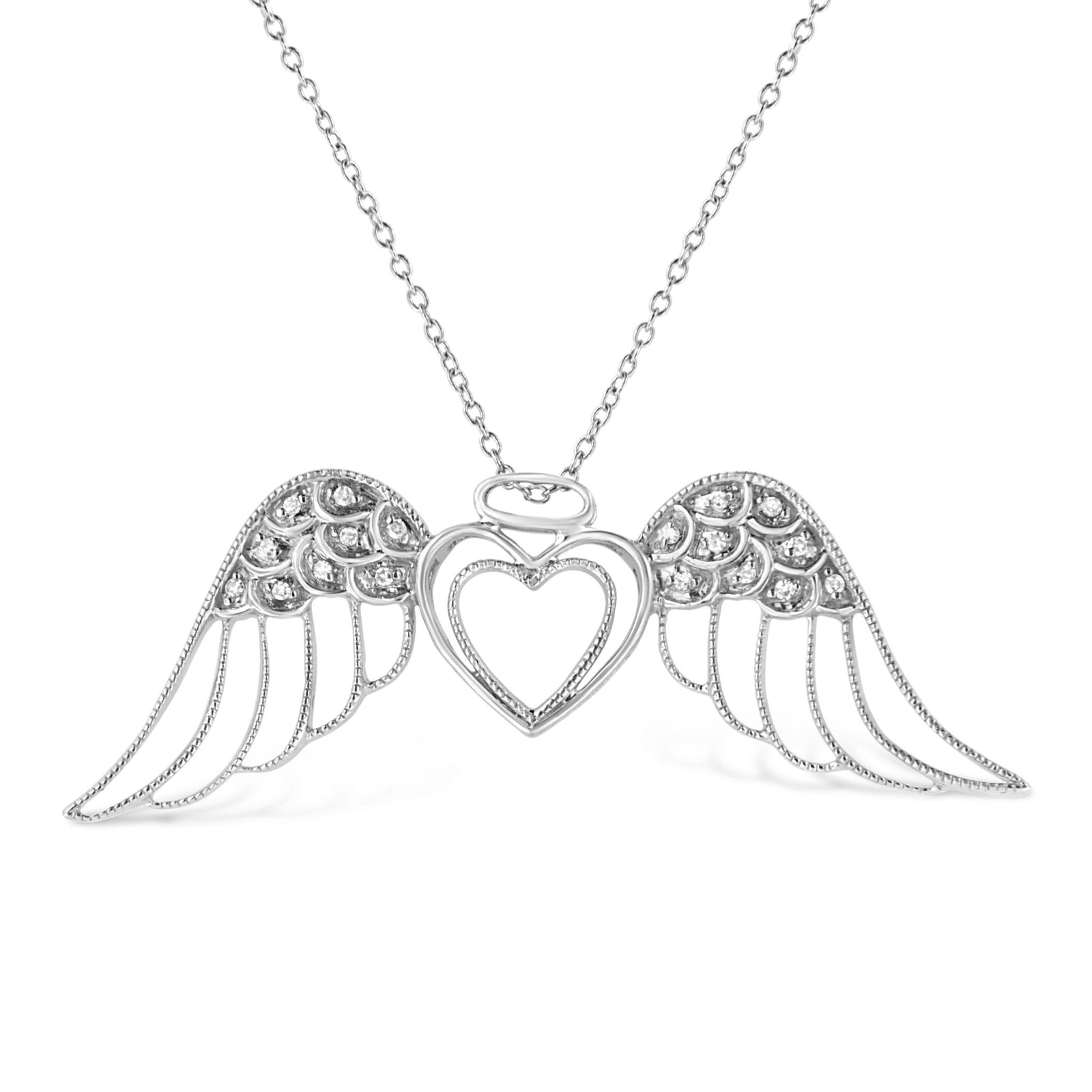 .925 Sterling Silver Pave-Set Diamond Accent Angel Wing 18" Double Heart Pendant Necklace (I-J Color, I1-I2 Clarity) - LinkagejewelrydesignLinkagejewelrydesign