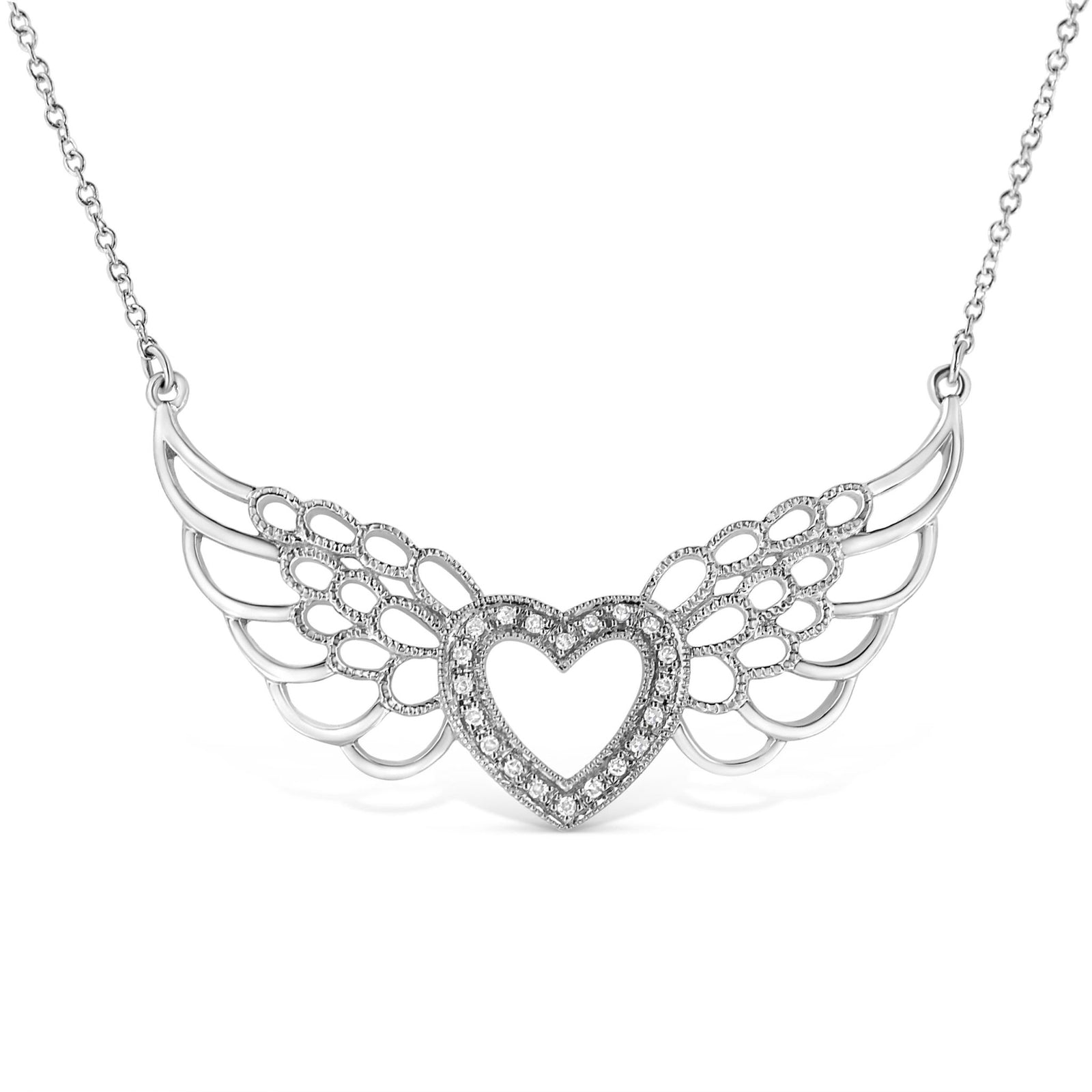 .925 Sterling Silver Pave-Set Diamond Accent Fairy Wing 18" Heart Pendant Necklace (I-J Color, I1-I2 Clarity) - LinkagejewelrydesignLinkagejewelrydesign