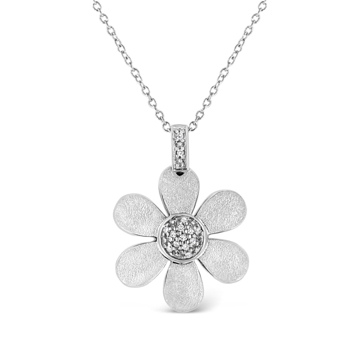 .925 Sterling Silver Pave-Set Diamond Accent Flower 18&quot; Pendant Necklace (I-J Color, I1-I2 Clarity) - LinkagejewelrydesignLinkagejewelrydesign
