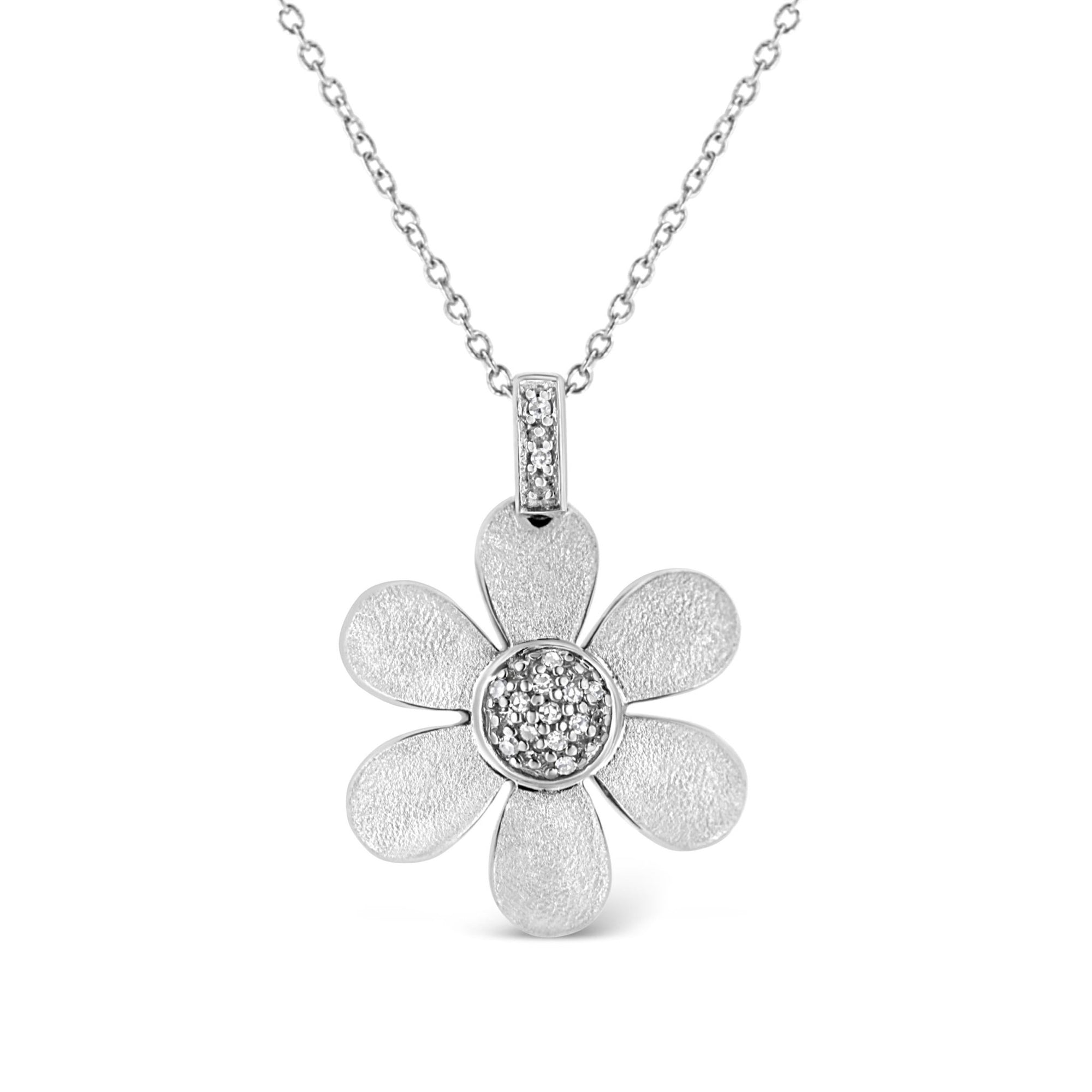 .925 Sterling Silver Pave-Set Diamond Accent Flower 18" Pendant Necklace (I-J Color, I1-I2 Clarity) - LinkagejewelrydesignLinkagejewelrydesign