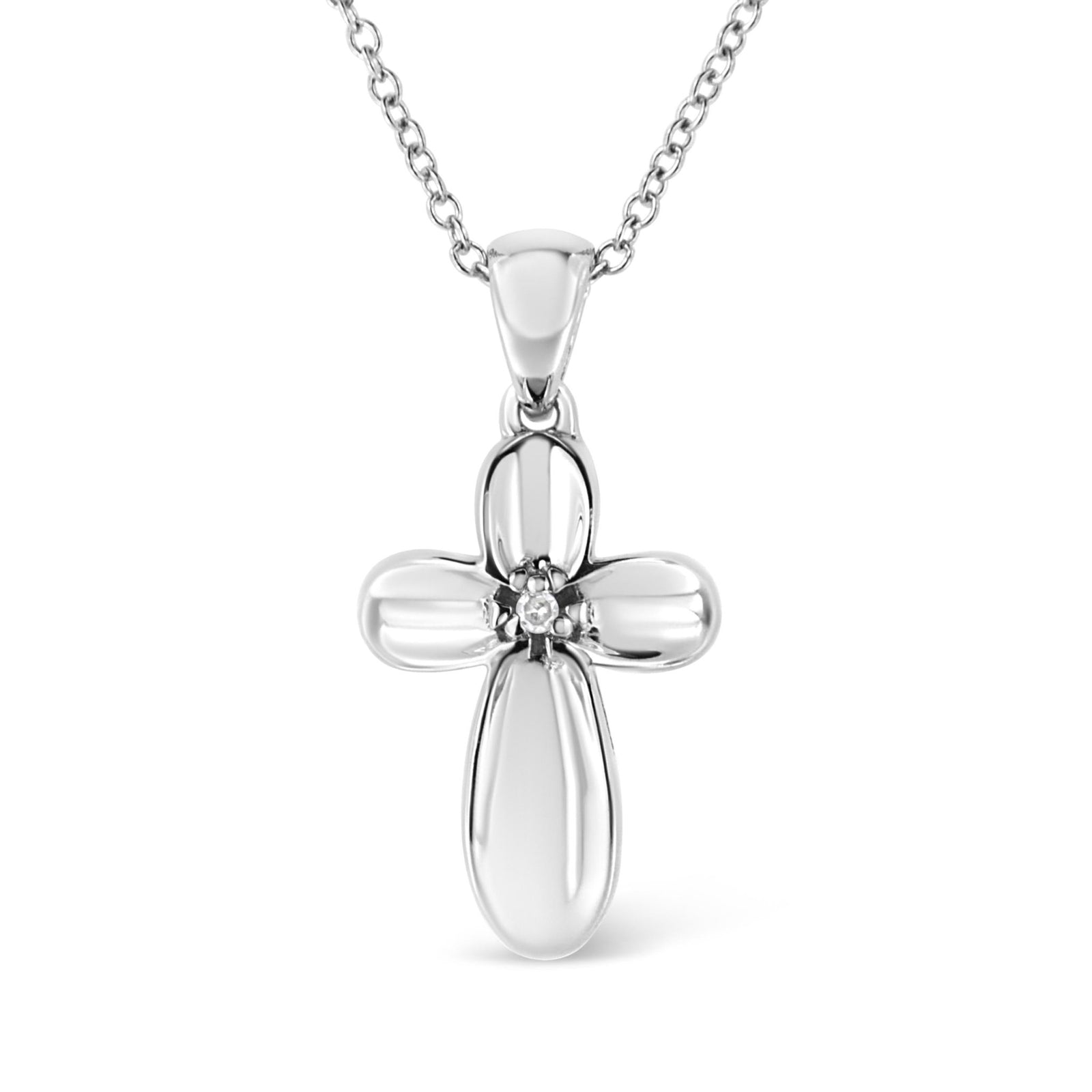 .925 Sterling Silver Prong-Set Diamond Accent Floral Cross 18" Pendant Necklace (I-J Color, I1-I2 Clarity) - LinkagejewelrydesignLinkagejewelrydesign
