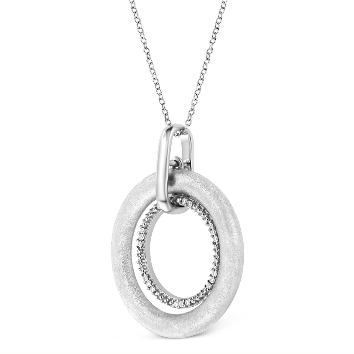 .925 Sterling Silver Prong-Set Diamond Accent Satin Finished Double Circle 18&quot; Pendant Necklace (I-J Color, I1-I2 Clarity) - LinkagejewelrydesignLinkagejewelrydesign