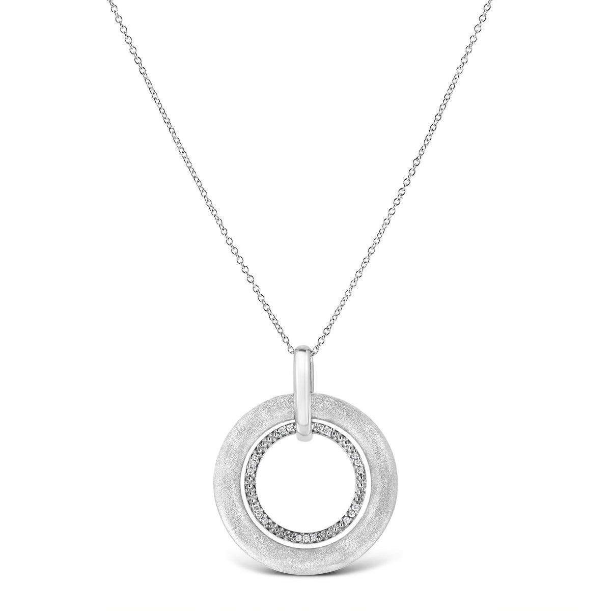 .925 Sterling Silver Prong-Set Diamond Accent Satin Finished Double Circle 18&quot; Pendant Necklace (I-J Color, I1-I2 Clarity) - LinkagejewelrydesignLinkagejewelrydesign