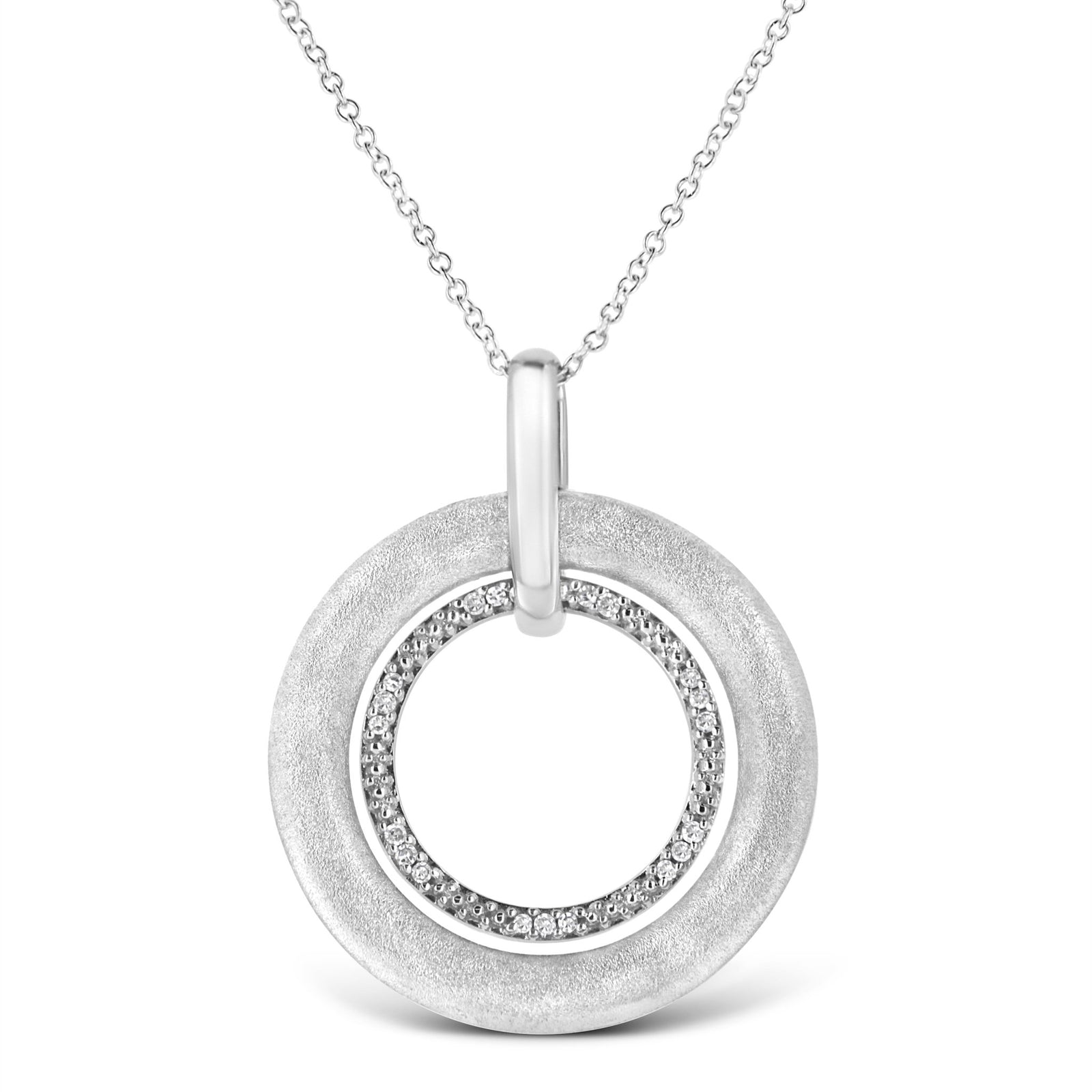 .925 Sterling Silver Prong-Set Diamond Accent Satin Finished Double Circle 18" Pendant Necklace (I-J Color, I1-I2 Clarity) - LinkagejewelrydesignLinkagejewelrydesign