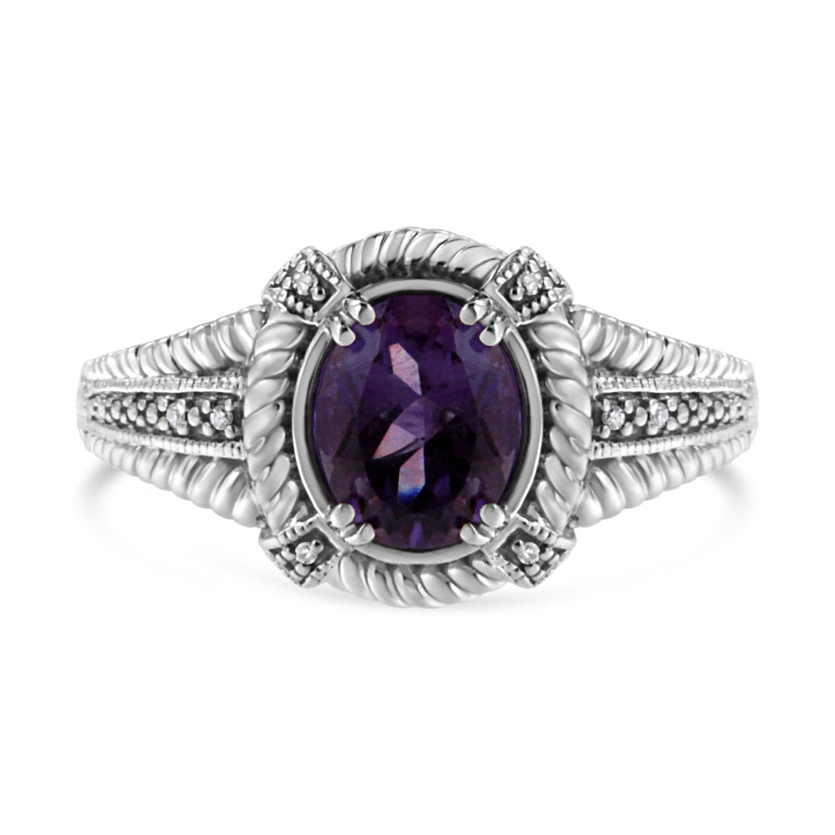 .925 Sterling Silver Prong Set Natural Oval Shape 9X7 MM Purple Amethyst Solitaire and Diamond Accent Ring (I-J Color, I1-I2 Clarity) - Ring Size 7 - LinkagejewelrydesignLinkagejewelrydesign