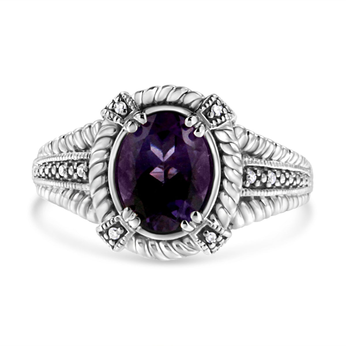 .925 Sterling Silver Prong Set Natural Oval Shape 9X7 MM Purple Amethyst Solitaire and Diamond Accent Ring (I-J Color, I1-I2 Clarity) - Ring Size 7 - LinkagejewelrydesignLinkagejewelrydesign