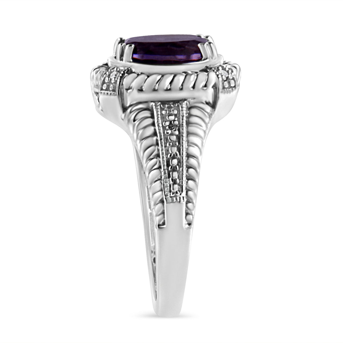 .925 Sterling Silver Prong Set Natural Oval Shape 9X7 MM Purple Amethyst Solitaire and Diamond Accent Ring (I-J Color, I1-I2 Clarity) - Ring Size 7 - LinkagejewelrydesignLinkagejewelrydesign