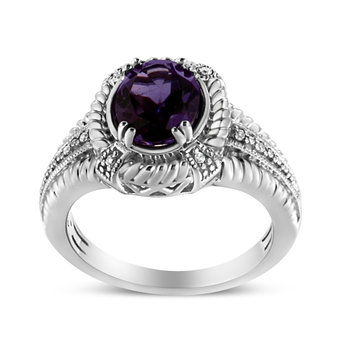 .925 Sterling Silver Prong Set Natural Oval Shape 9X7 MM Purple Amethyst Solitaire and Diamond Accent Ring (I-J Color, I1-I2 Clarity) - Ring Size 7 - LinkagejewelrydesignLinkagejewelrydesign