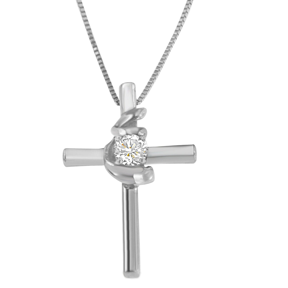 .925 Sterling Silver Prong Set Round-Cut Solitaire Diamond Accent Cross 18&quot; Pendant Necklace (H-I Color, SI2-I1 Clarity) - LinkagejewelrydesignLinkagejewelrydesign