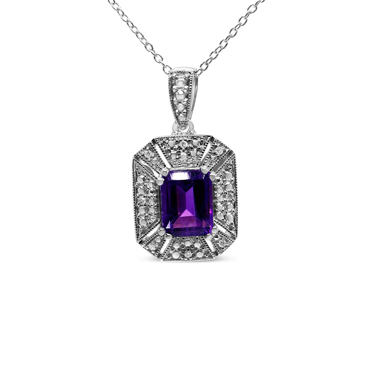 .925 Sterling Silver Purple Amethyst and Diamond Accent Art Deco Style 18&quot; Pendant Necklace (I-J Color, I1-I2 Clarity) - LinkagejewelrydesignLinkagejewelrydesign