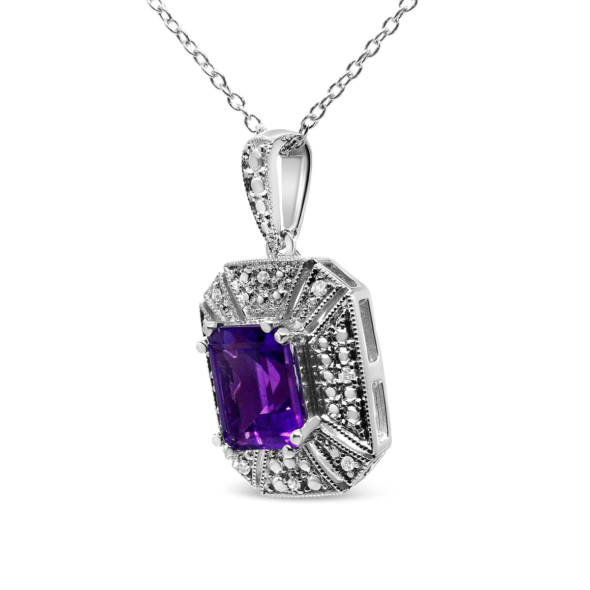 .925 Sterling Silver Purple Amethyst and Diamond Accent Art Deco Style 18&quot; Pendant Necklace (I-J Color, I1-I2 Clarity) - LinkagejewelrydesignLinkagejewelrydesign