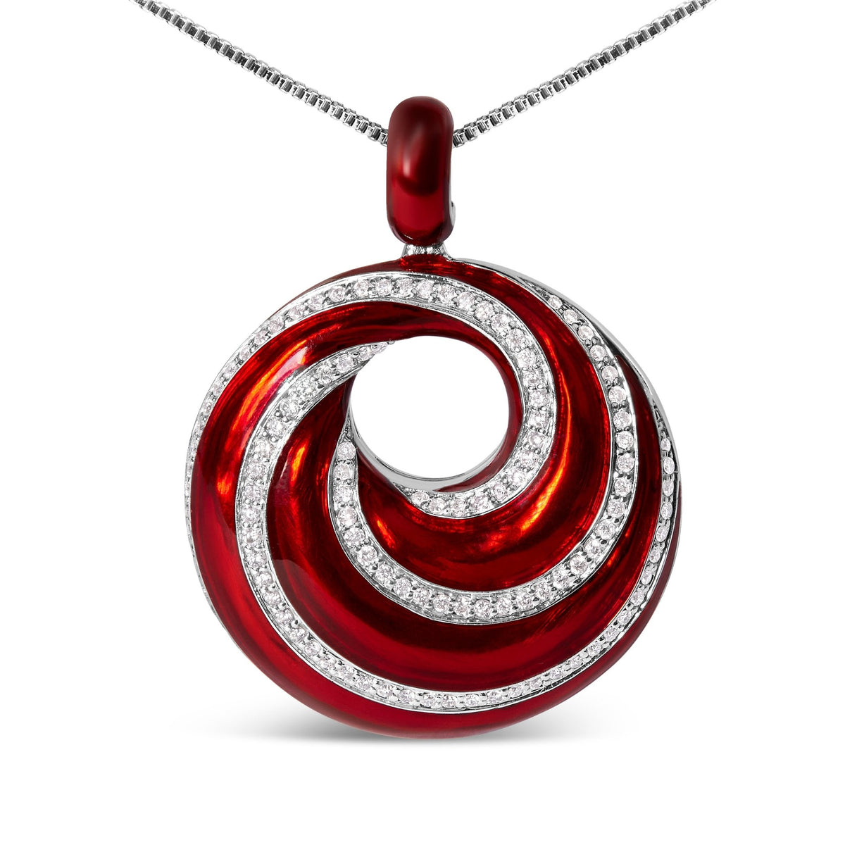 .925 Sterling Silver Red Enamel and 1/2 Diamond Endless Swirl Medallion 18&quot; Pendant Necklace (F-G Color, VS1-VS2 Clarity) - LinkagejewelrydesignLinkagejewelrydesign