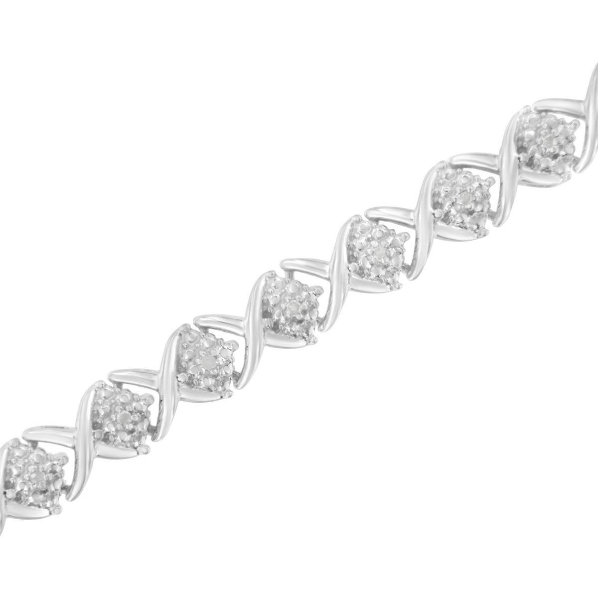 .925 Sterling Silver Round-Cut Diamond Accent Floral Cluster and &quot;X&quot; Link Bracelet (I-J Color, I3 Clarity) - 7.25&quot; - LinkagejewelrydesignLinkagejewelrydesign